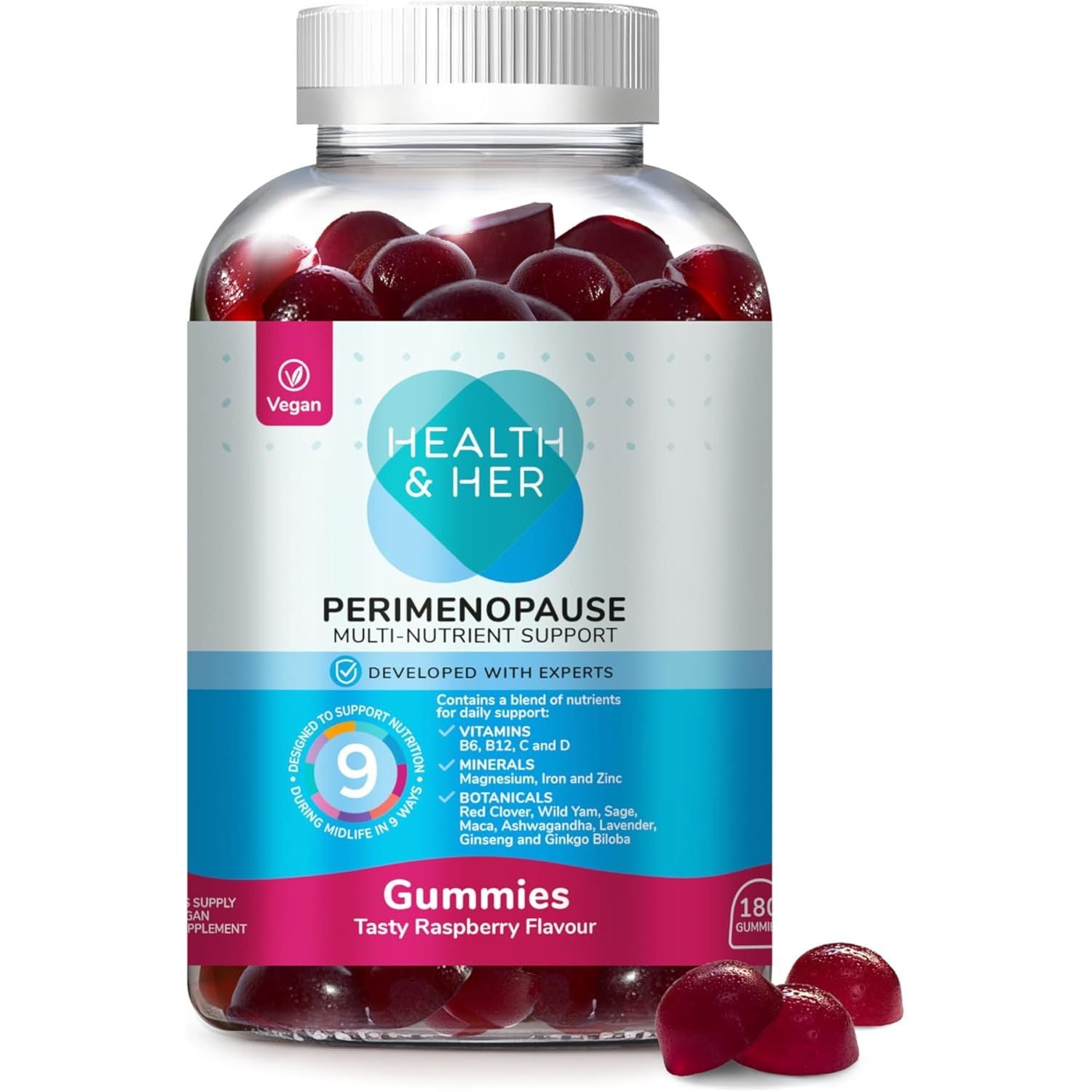 Health & Her Perimenopause Gummies - Supplements for Women - Wellbeing Support for the Early Stage of Menopause - 1 Month Supply, 180 Gummies - Vegan & Gluten Free
