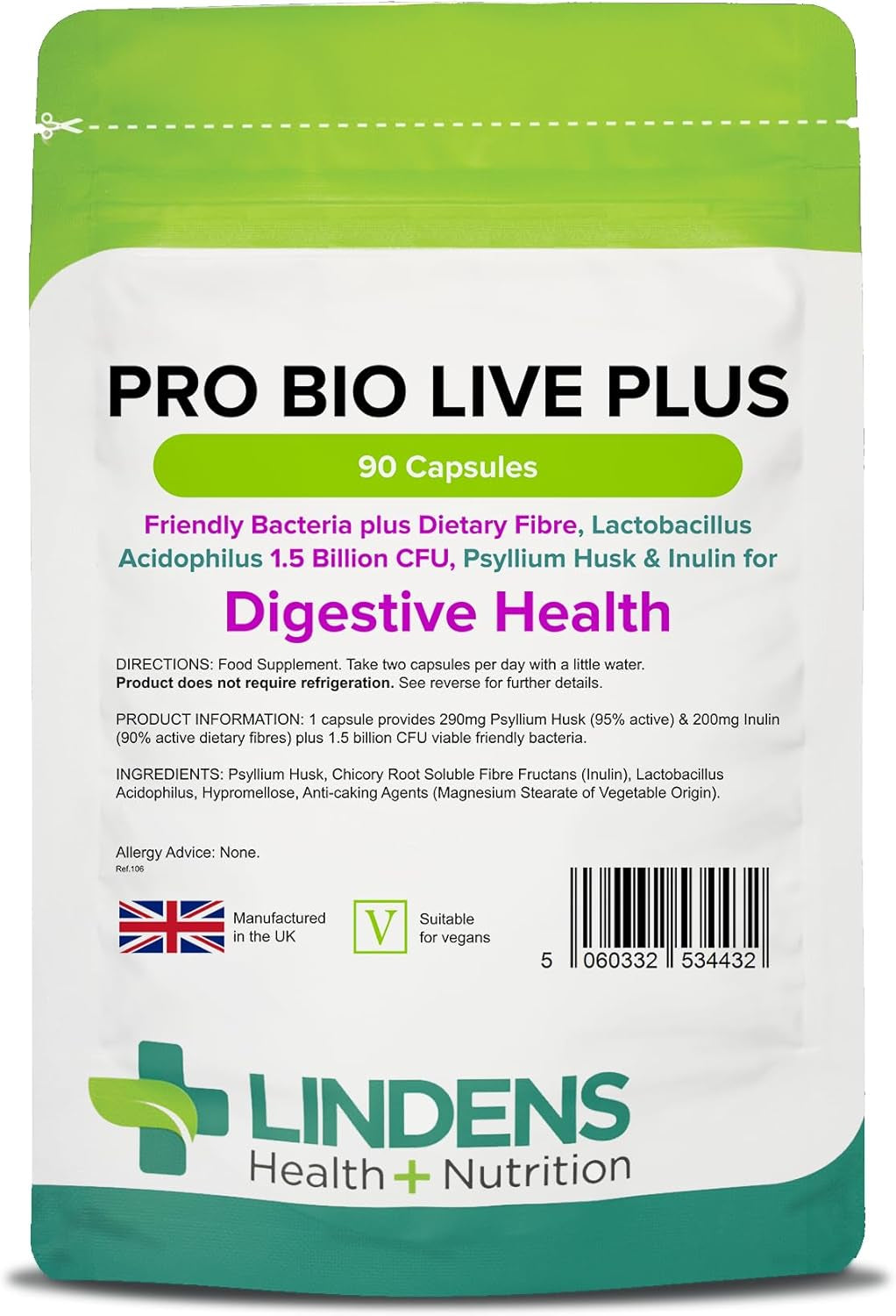 Lindens - Pro Bio Live plus Dietary Fibre - 90 Capsules - UK Made - Lactobacillus Acidophilus, 1.5 Billion CFU with Psyllium Husk & Inulin, Healthy Digestion - Letterbox Friendly, Vegan