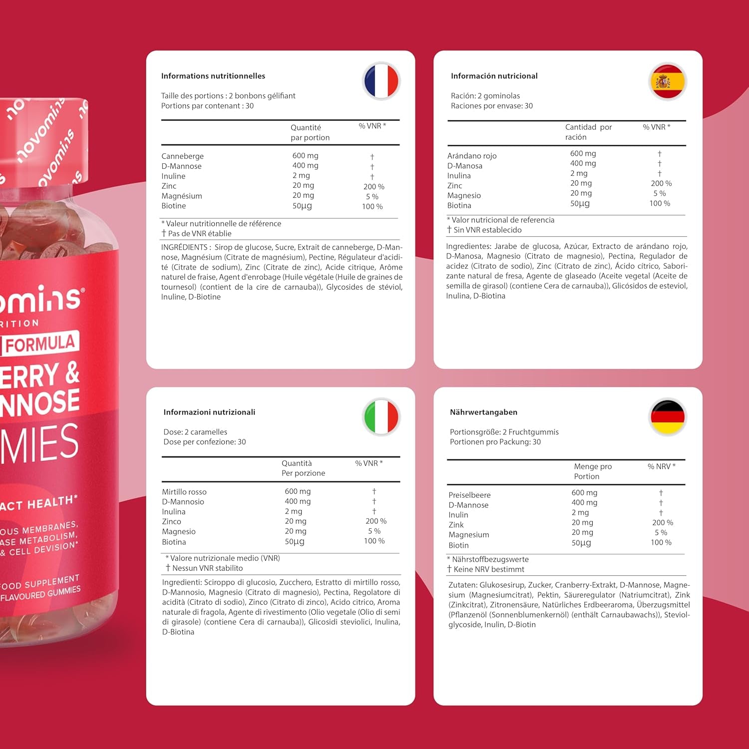 Cranberry & D Mannose Gummies - Urinary Tract Health & Bladder Control - Vegan - Alternative to Cranberry Tablets, Juice, or D Mannose Powder - Inulin, Magnesium - 60 Gummies - Novomins