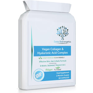 Vegan Collagen & Hyaluronic Acid Complex - 60 Capsules - Effective Skin, Hair & Nails Formula with 500Mg of Vollagen in the Exact Amino Ratios of Human Collagen - D-Biotin, Seaweed, Vitamins E&C