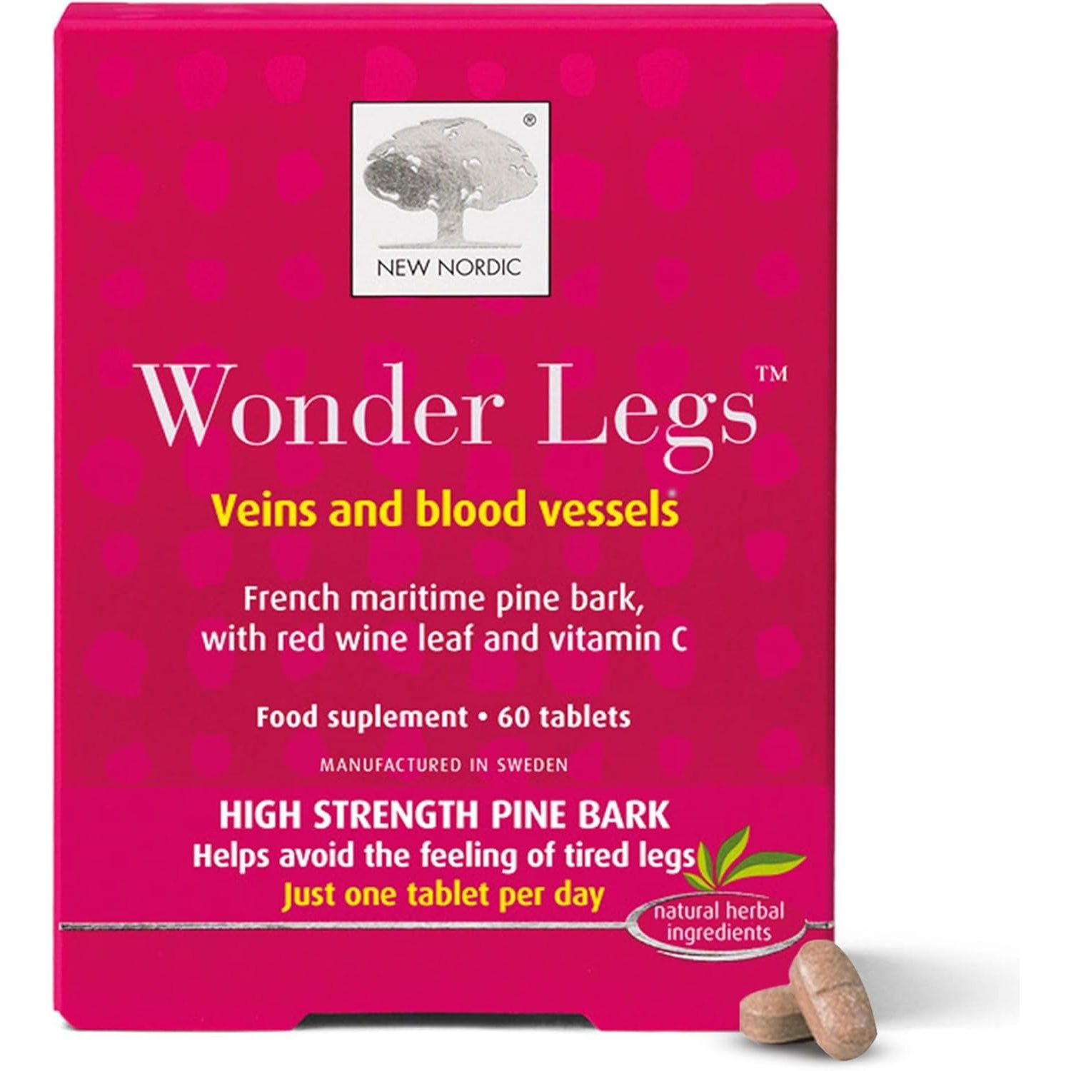 New Nordic Wonder Legs, High-Strength Pine Bark & Red Vine Leaf Extract with Vitamin C, Supports Normal Circulation & Vein Function, 60 Vegan Tablets