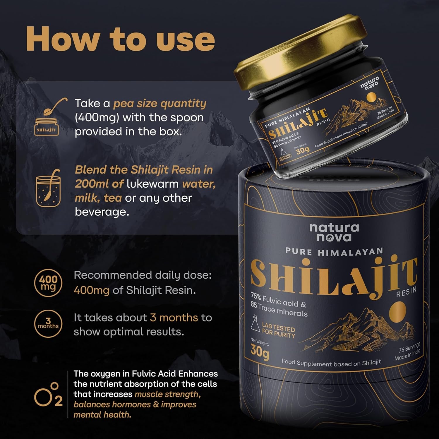 Naturanova Pure Himalayan Shilajit Resin - 100% Natural | 70 Servings for Energy Boost, Immune Support, 75%+ Fulvic Acid | Ayurvedic Supplement with 80+ Trace Minerals Complex