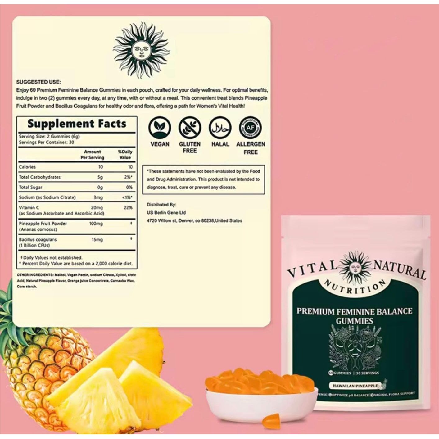 OPTISTRENGTH Balance Vaginal Probiotics Gummies for Women - Ph Balance with Prebiotic & Lactobacillus Probiotic Blend, Promote Healthy Odor & Flora | 60 Count Probiotic for Women Pineapple Flavour