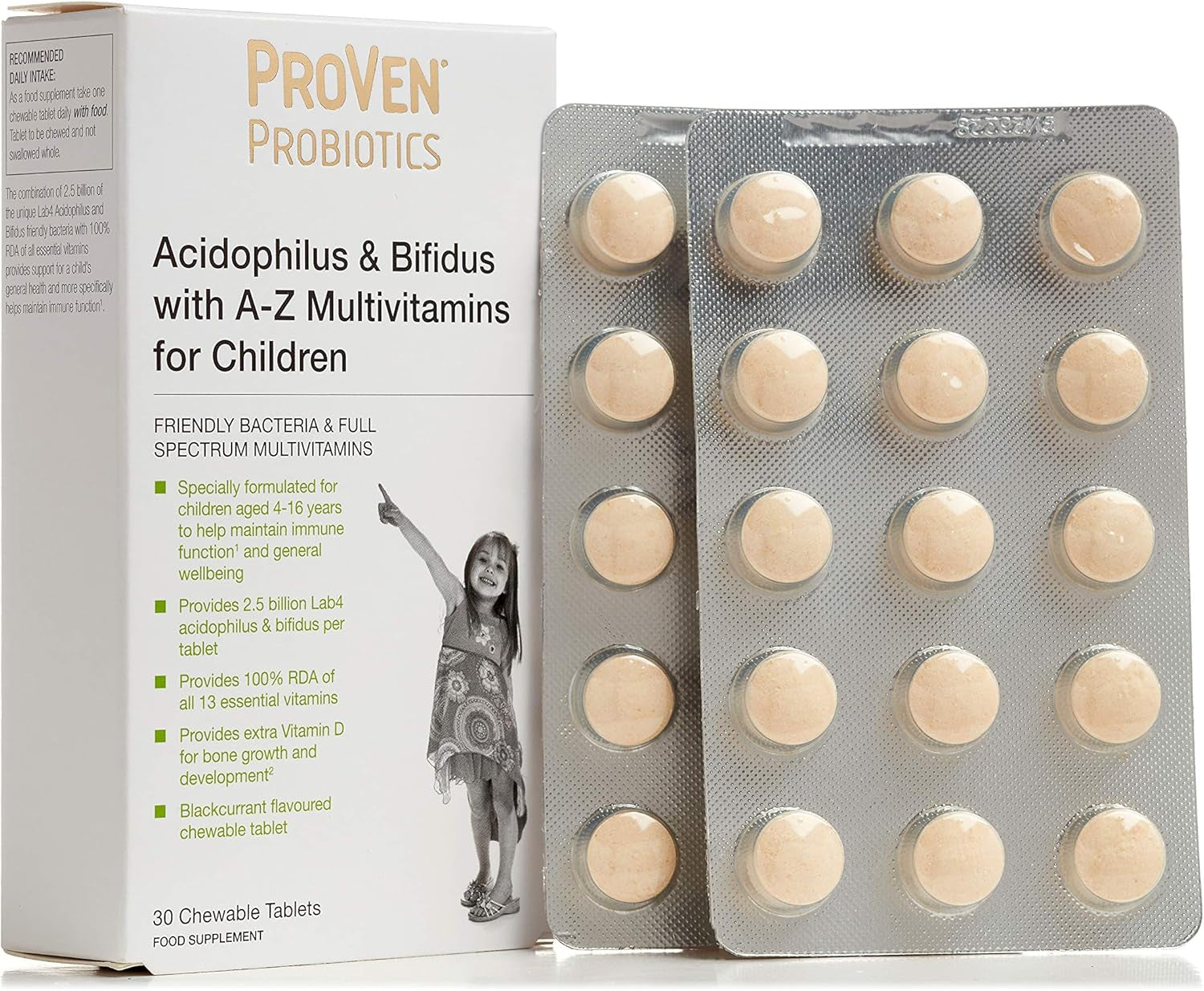 Pro-Ven Probiotics for Children (4-16) A-Z Multivitamins Supplement for Gut Health, Immunity & Energy 2.5 Billion CFU Friendly Bacteria 30 Blackcurrant Chewable Tablets