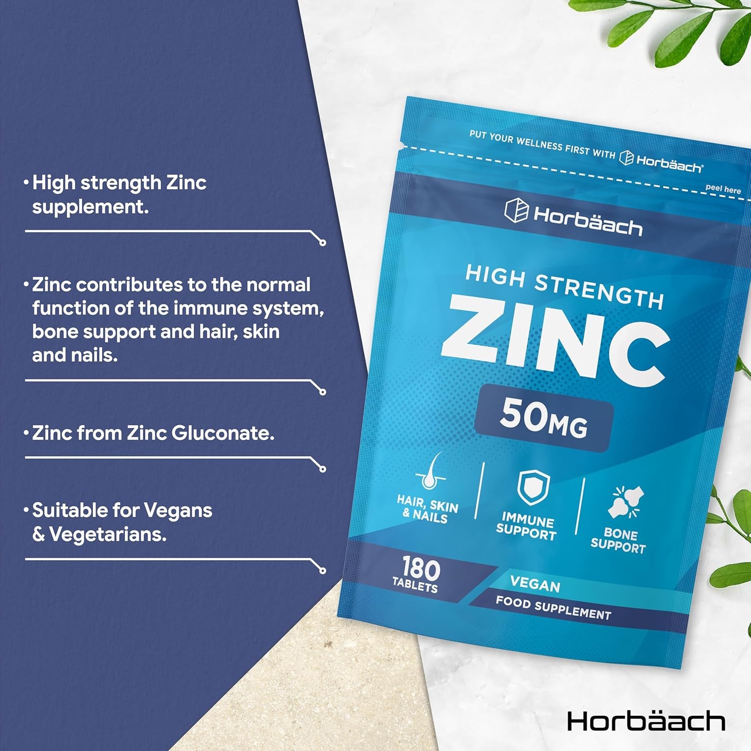 Zinc Supplement 50Mg | High Strength Zinc Tablets - 500% NRV | 180 Vegan Tablets | Immune Support Supplement | by Horbaach