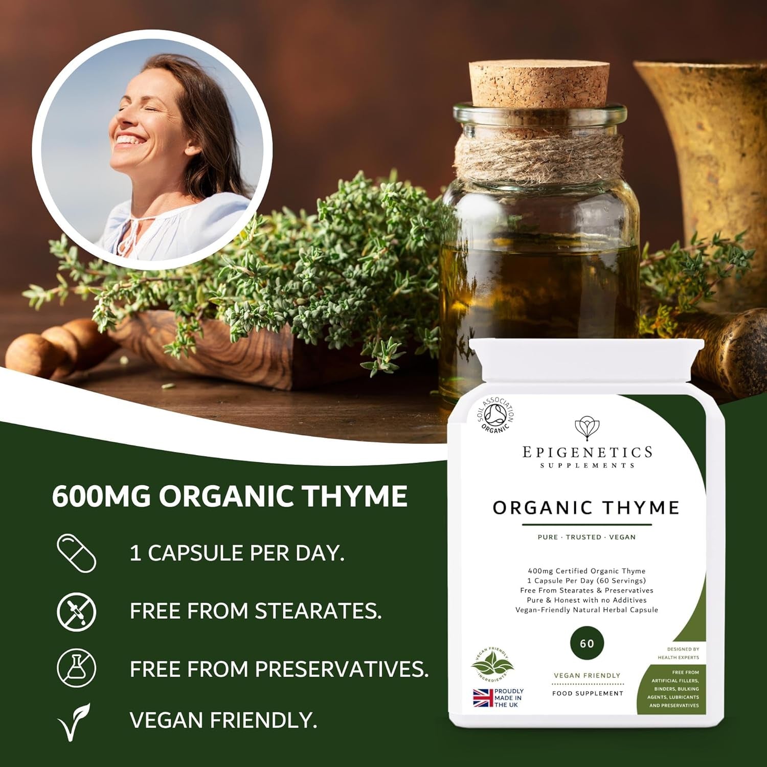 Organic Thyme 400Mg | Natural Thymus Vulgaris Herb Supplement | 60 Capsules | Vegan Friendly & Herbal UK Made | 60 Servings, 2 Month Supply by Epigenetics