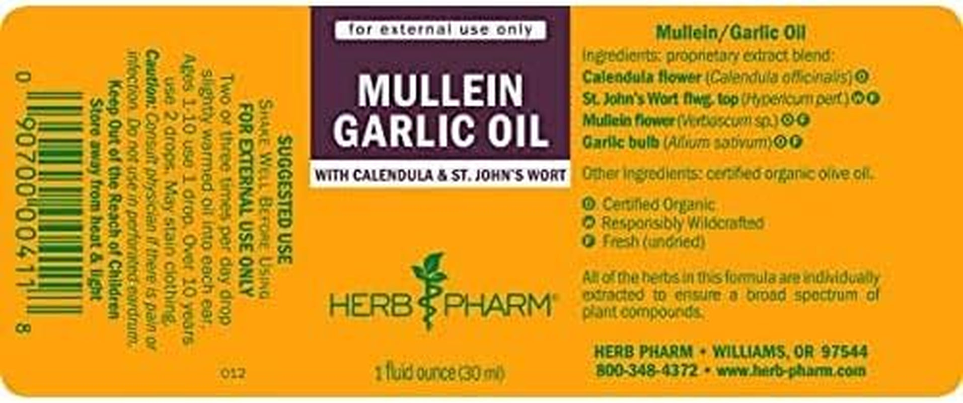 Herb Pharm Mullein Garlic Herbal Oil - Contains Calendula, Garlic, Mullein Flower, St. John'S Wort, Olive Oil, 1 Ounce