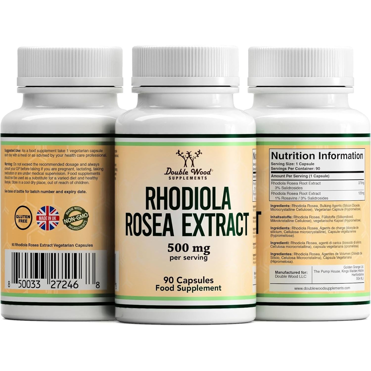 Double Wood Rhodiola Rosea | 90 Servings of 500Mg Rhodiola Rosea Complex Capsules | 3% Rosavins & 1% Salidrosides | a Powerful Adaptogen Sourced from High Altitude Environments | UK Manufactured