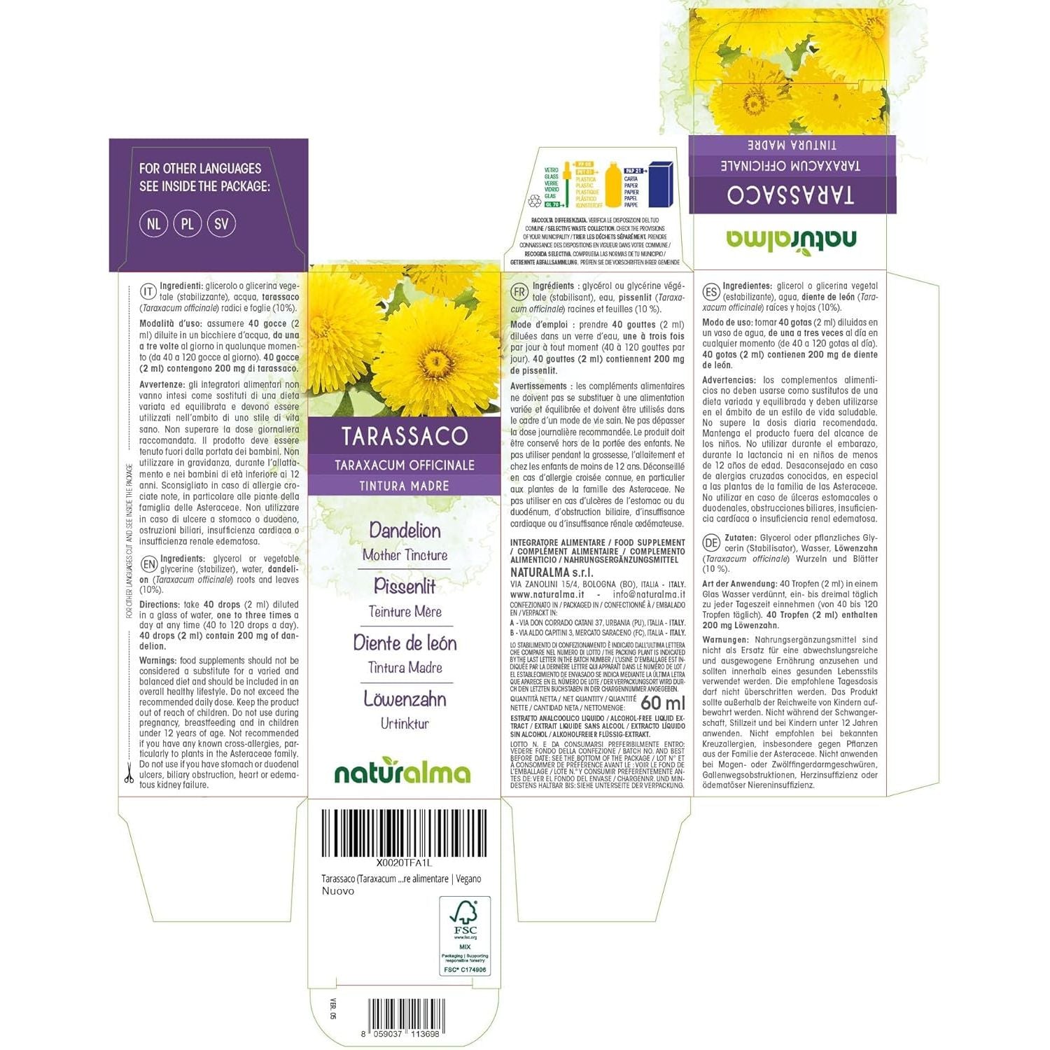Dandelion (Taraxacum Officinale) Roots and Leaves Alcohol-Free Mother Tincture Naturalma - Liquid Extract Drops 60 Ml - Food Supplement - Vegan