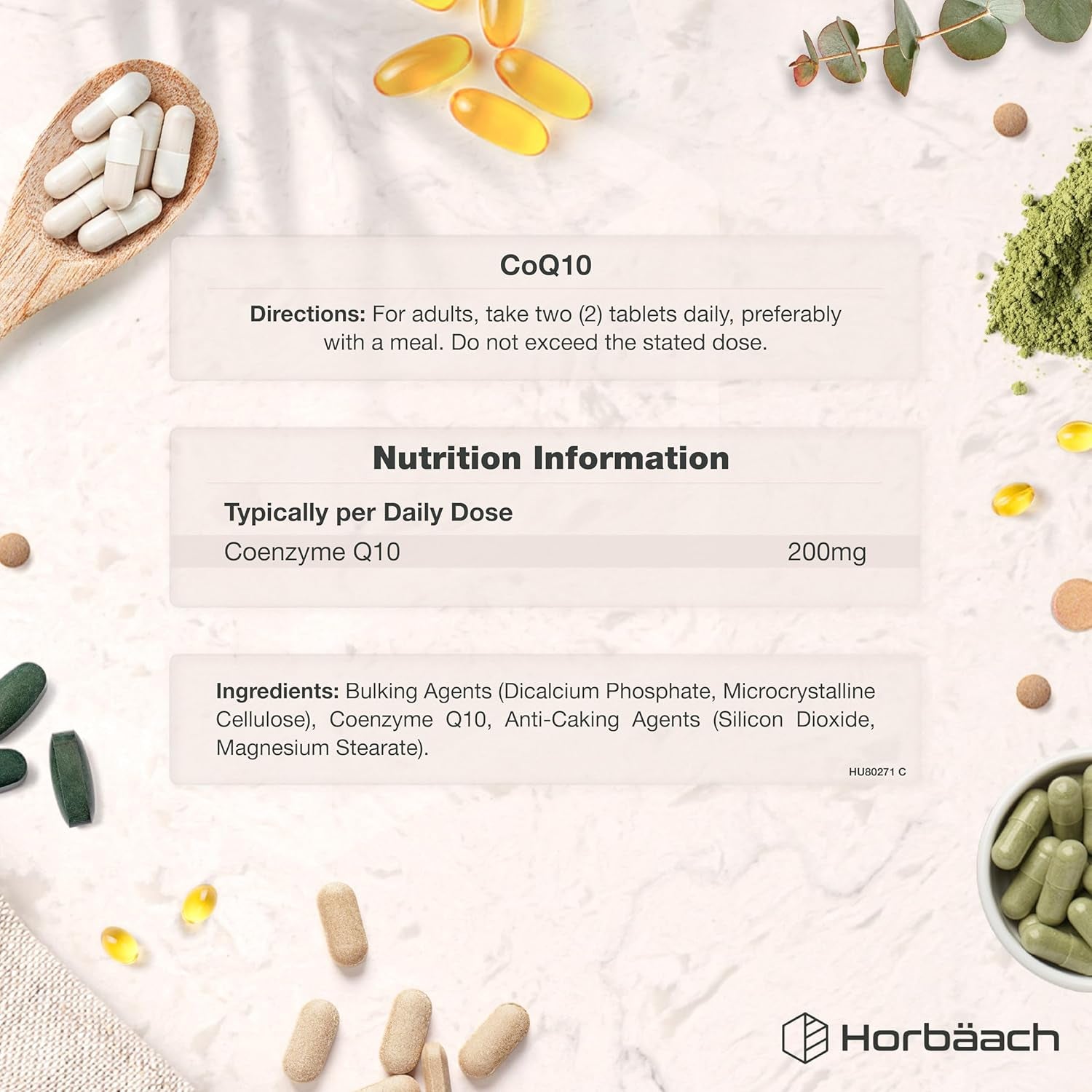 Coq10 Supplement 200Mg | 120 Vegan Tablets | High Strength Naturally Fermented Ubiquinone Coenzyme Q10 | by Horbaach