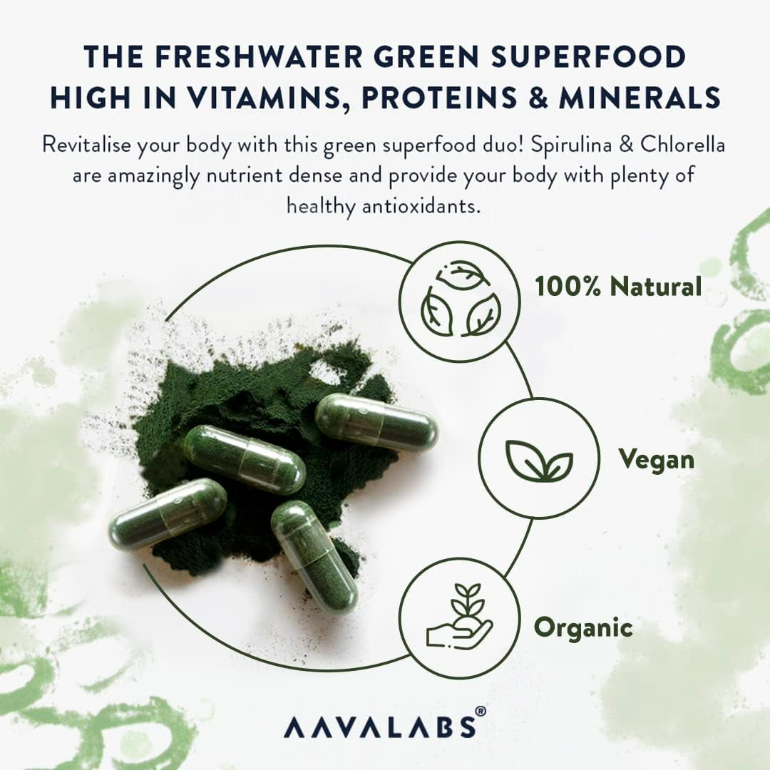 Organic Spirulina and Chlorella Capsules - Spirulina Powder and Chlorella Powder - Broken Cell Wall - 1800Mg per Serving - 200 Capsules - Vegan