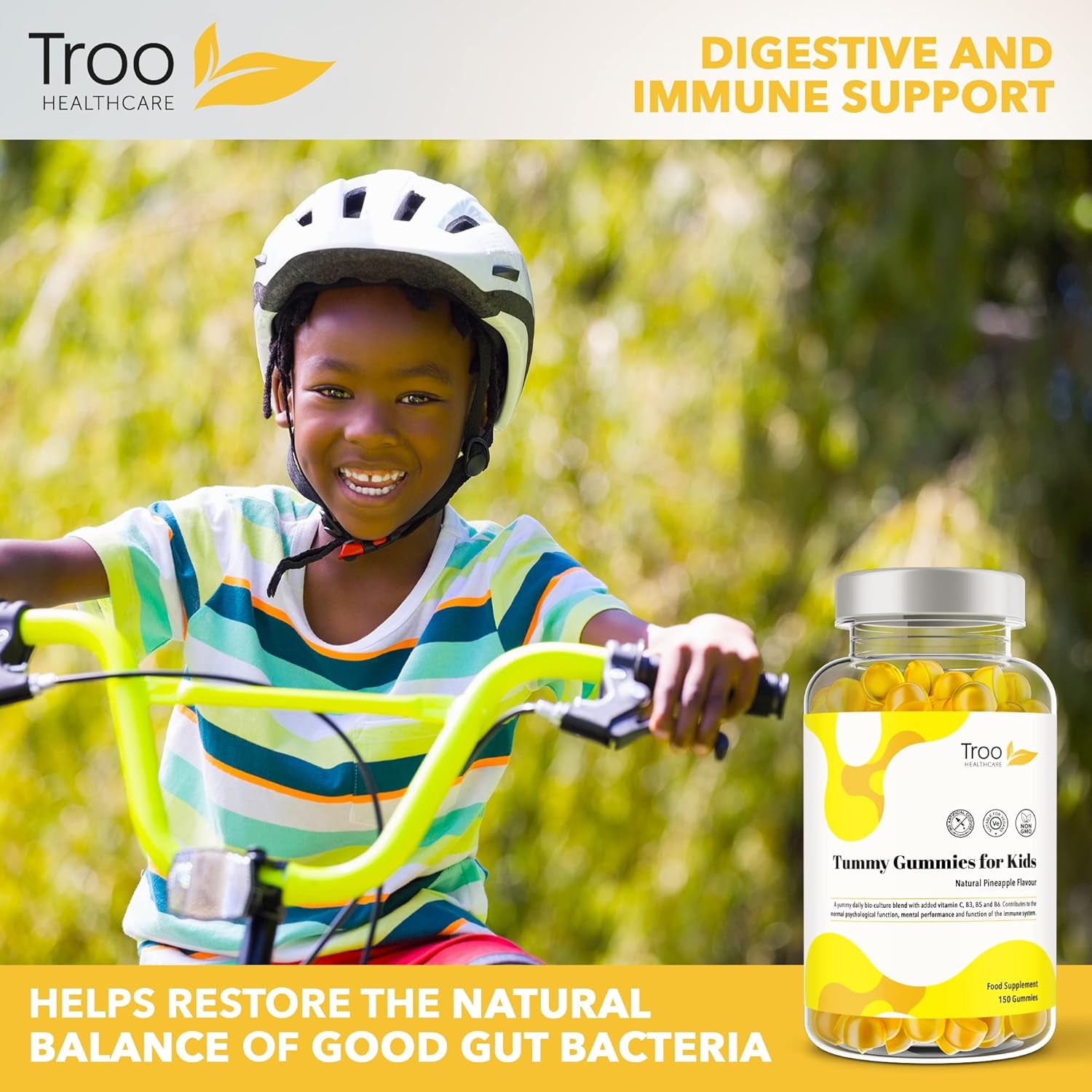 Troo Health Care Tummy Gummies Probiotics with Vitamins for Kids & Adults - 150 Natural Pineapple Active Bacteria Gummies with Vitamin C, B3, B5 & B6 to Support Immune Function & Mental Development