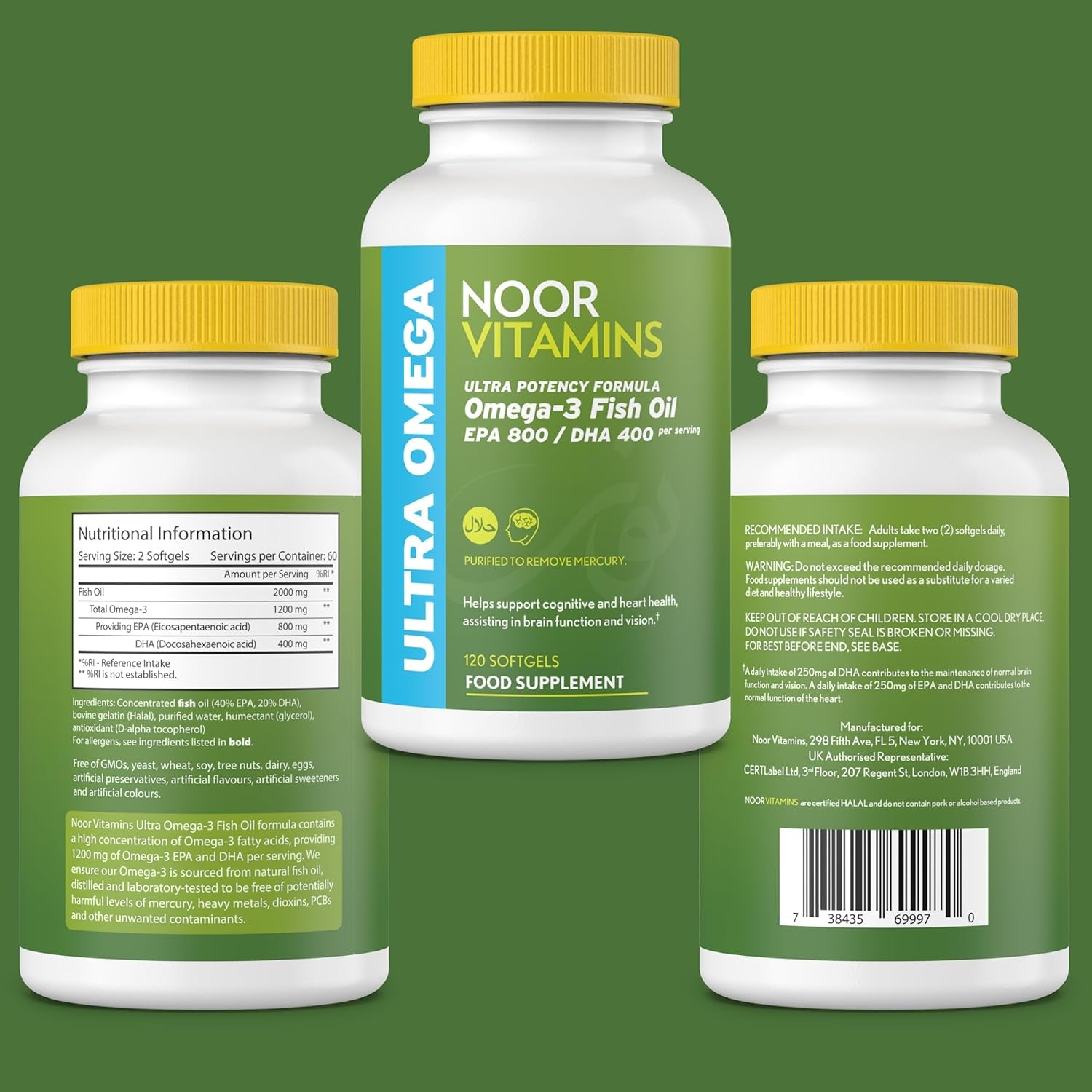 Halal Fish Oil, Halal Vitamins, Fish Oil Halal by Noor Vitamins, Ultra Omega 3 Wild Peruvian Fish Oil (800 Mg EPA & 400 Mg DHA) Heart, Brain & Joint Support, Non-Gmo & Gluten Free (120 Count)