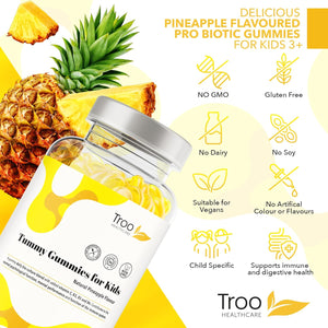 Troo Health Care Tummy Gummies Probiotics with Vitamins for Kids & Adults - 150 Natural Pineapple Active Bacteria Gummies with Vitamin C, B3, B5 & B6 to Support Immune Function & Mental Development
