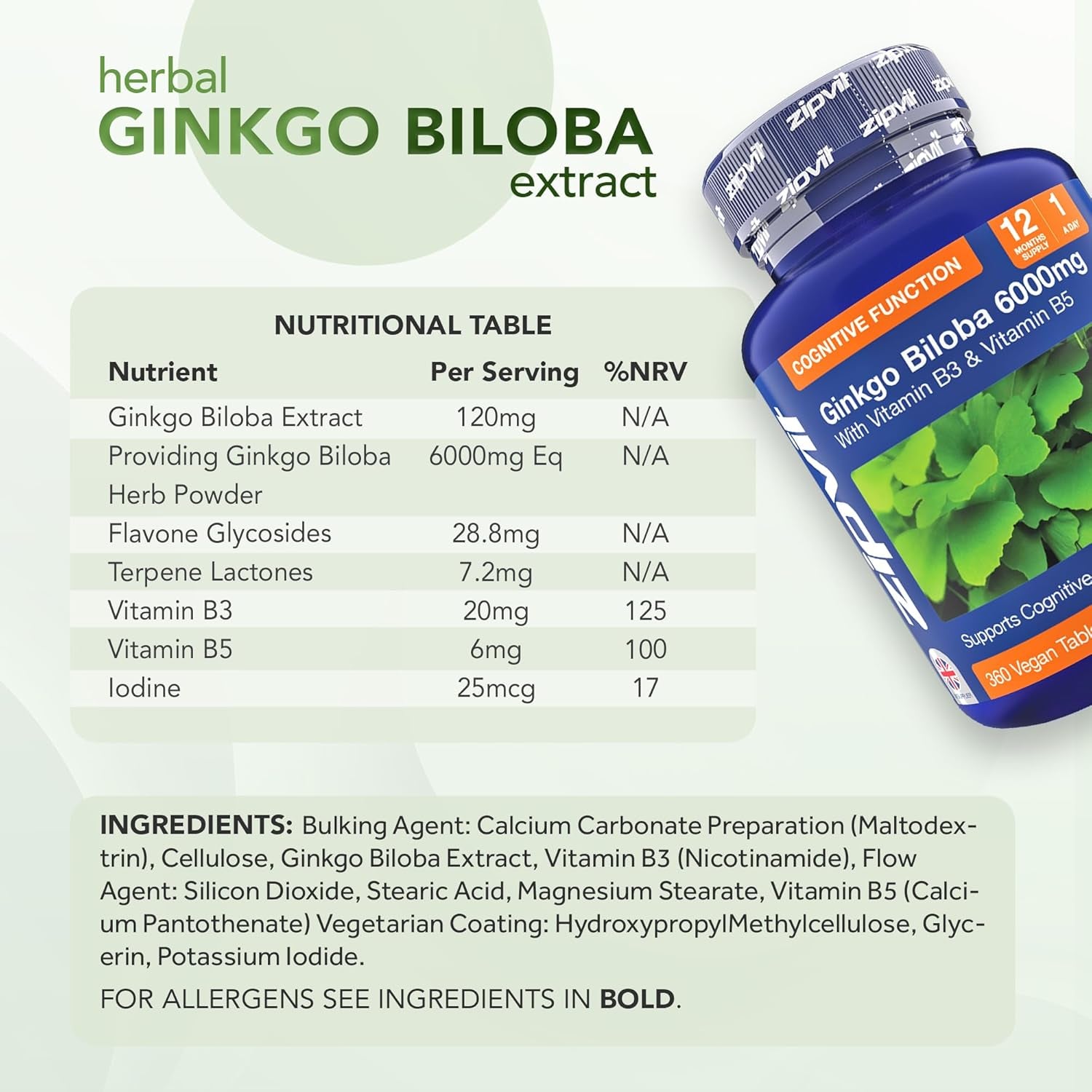 Zipvit Ginkgo Biloba 6000Mg with Vitamins B3 & B5, 360 Vegan Tablets, Supports Memory, Focus, Brain Health & Cognitive Wellness, Standardised 50:1 Leaf Extract, 12 Months Supply.