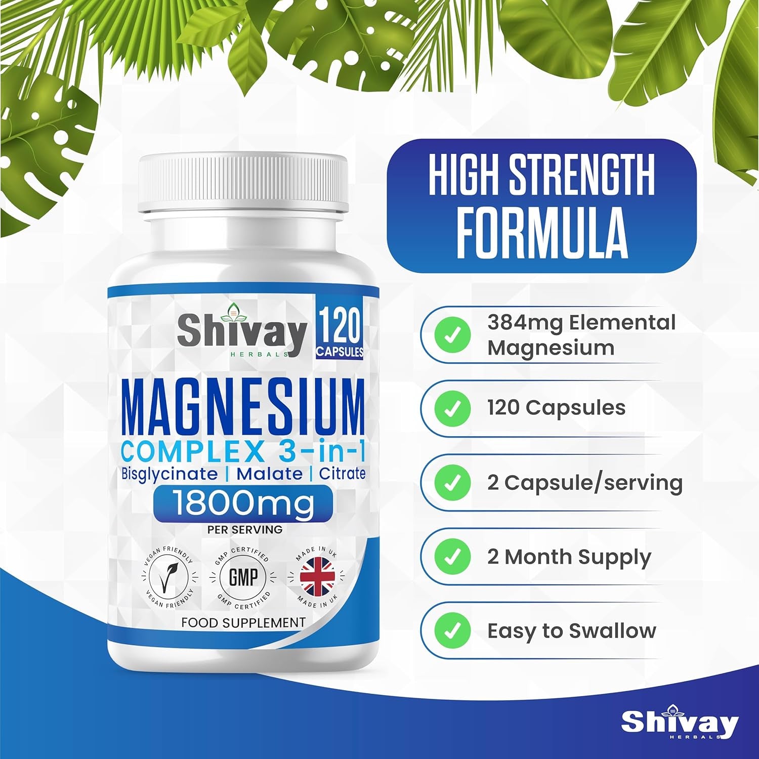 Magnesium Glycinate 3 in 1 Complex | 1800Mg per Serving - 384Mg Elemental Mg | High Strength Magnesium Bisglycinate, Malate, Citrate | 120 Vegan Capsules | Made in the UK by Shivay Herbals