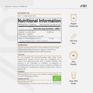 Organic Curcumin 95% with Black Pepper – 475Mg Curcuminoids – 60 Vegan Capsules – High Strength Turmeric Supplement – 2 Months Supply by Alpha01