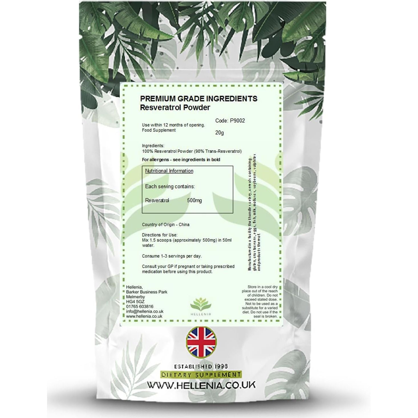 Trans Resveratrol Micronised Powder 20G | Pure Trans Resveratrol Supplement with over 99% Purity | High Absorption Rate, Water Soluble | Suitable for Vegans | Made for Hellenia Healthfoods