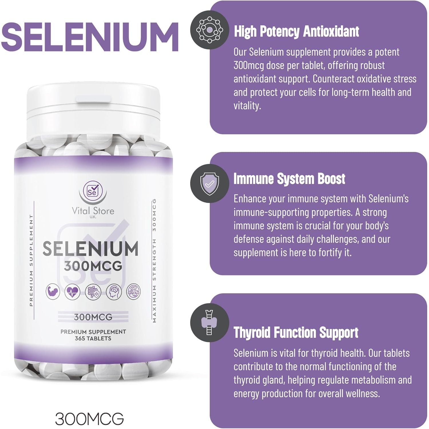Selenium 300MCG - 1 Year Supply 365 Tablets - Antioxidant, Immune Support Vegan Selenium Supplement