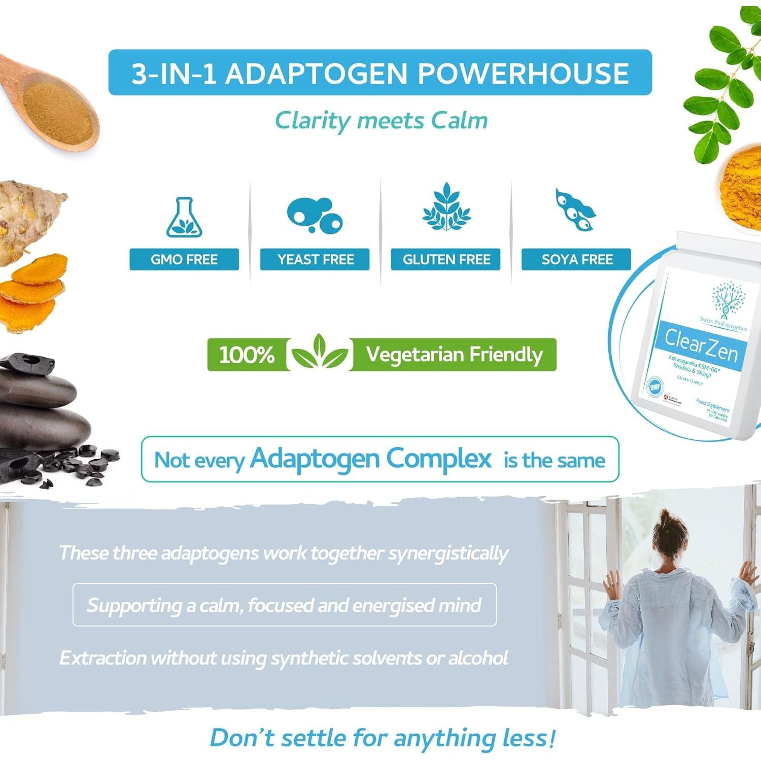 Rhodiola, Ashwagandha and Shilajit - Clearzen - Adaptogen 3-In-1 Ashwagandha KSM-66 1500Mg, Rhodiola 500Mg (3% Rosavins, 1% Salidrosides) & Shilajit 60% Fulvic Acid - No Artificial Fillers or Binders