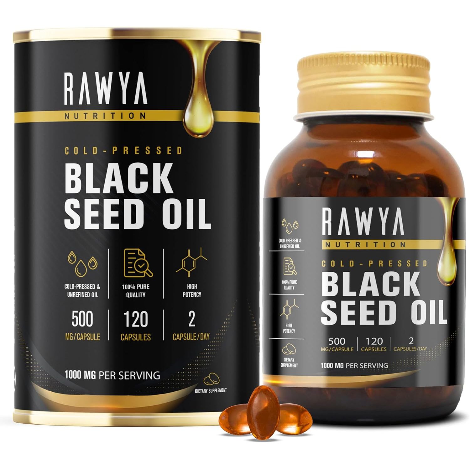 Rawya Black Seed Oil - 120 Softgel Capsules, Cold-Pressed Nigella Sativa, Pure Black Cumin Seed Oil, Rich in Omega Fatty Acids, Cumin Seeds for Radiant Skin & Hair Nourishment - 500Mg Each