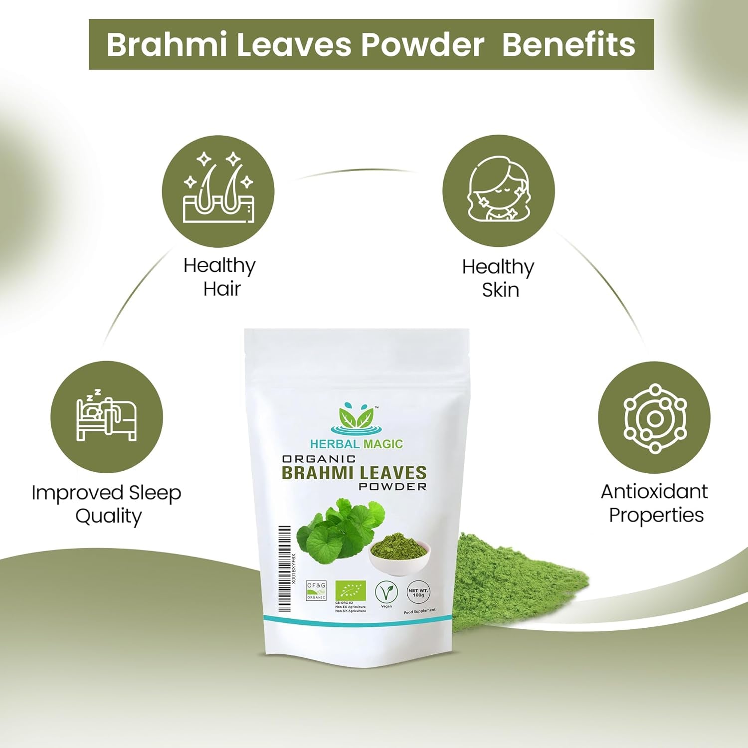 Herbal Magic’S Organic Brahmi (Bacopa Monnieri) Leaf Powder Natural Hair Face Mask - Prized Herb in Ayurveda - Sparkle Your Smoothies, Baking -100G