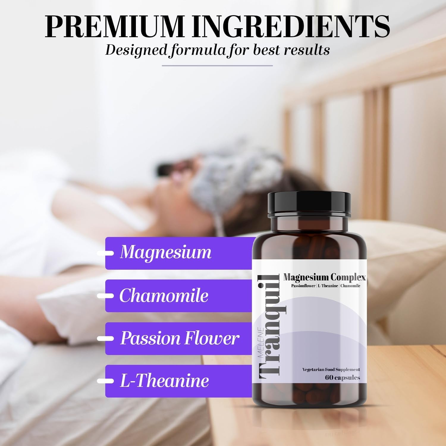 Melene Magnesium Complex with Chamomile, Passion Flower and L-Theanine 60 Capsules. Sleep, Anxiety and Rest Aid. High Strength Bisglycinate (250Mg Elemental)