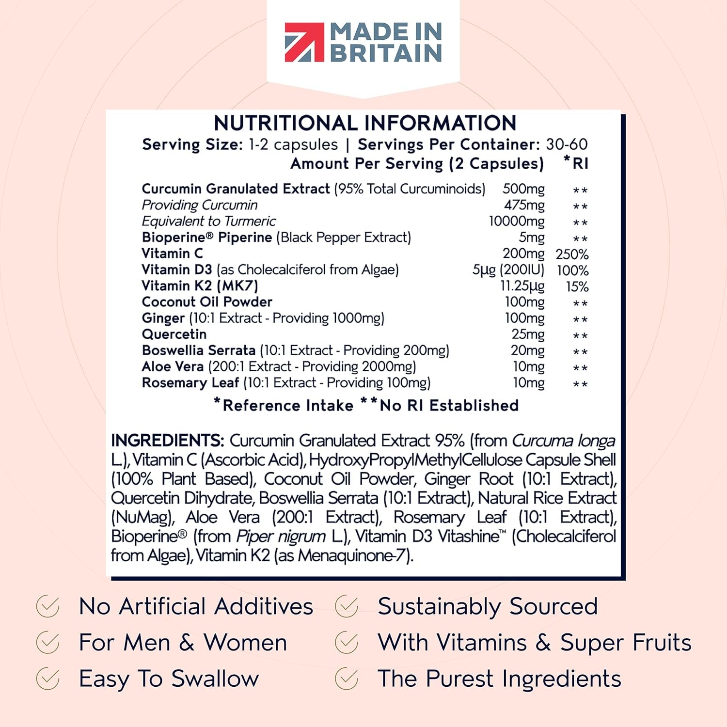 Powerful Curcumin 95 & Bioperine - Turmeric Capsules High Strength with Black Pepper - High Absorption 95% Curcuminoids - with D3, K2, Coconut & Botanicals - 60 Capsules (Not Tablets) - Made in the UK