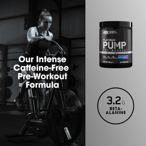 Optimum Nutrition on Platinum Pump Pre-Workout, Intense Caffeine-Free Pre-Workout Food Supplement with Fruitflow, Beta-Alanine, L-Arginine, L-Citrulline, Blue Raspberry Flavour, 20 Servings, 380 G