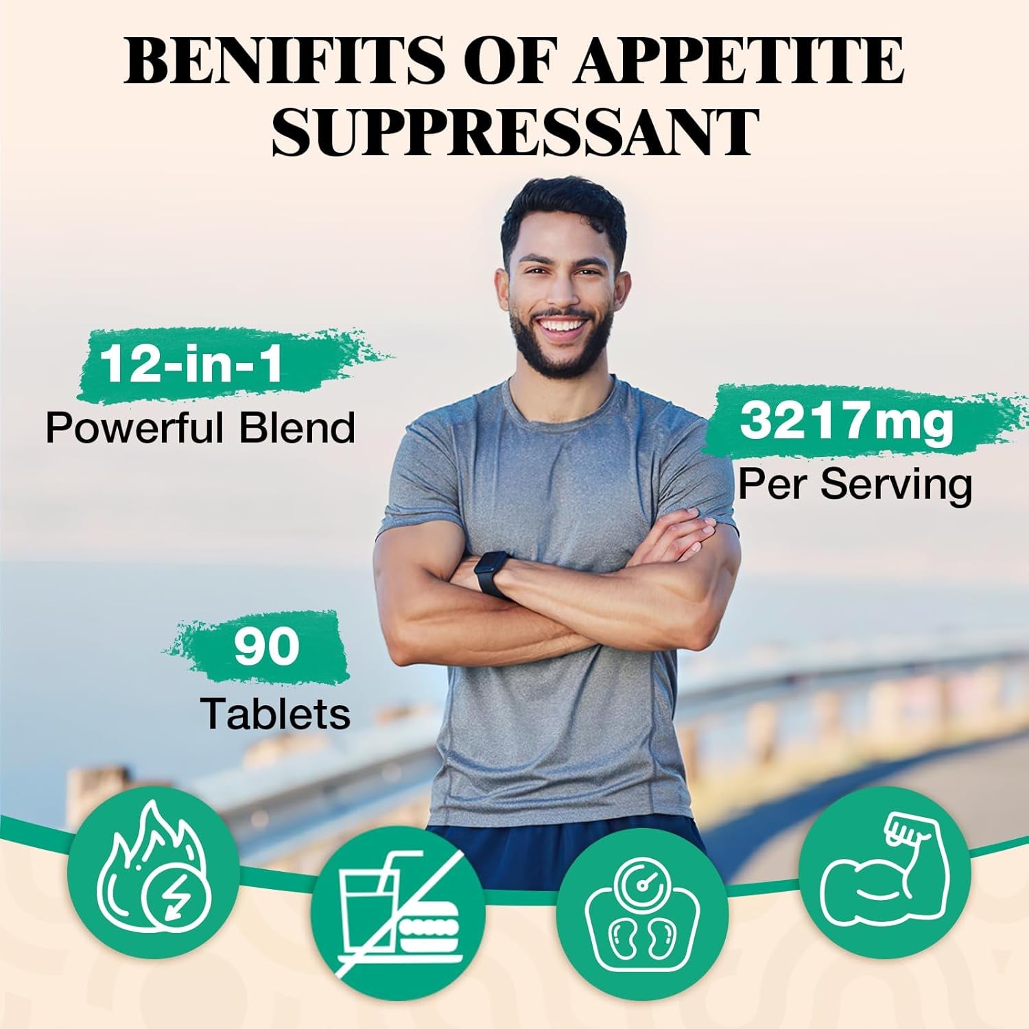 Appetite Suppressant & Fat Burner for Men – High-Dose 3217Mg Natural Formula with Glucomannan & Green Tea – Fast-Acting Energy Booster – Controls Cravings – Keto Friendly – 90 Tablets