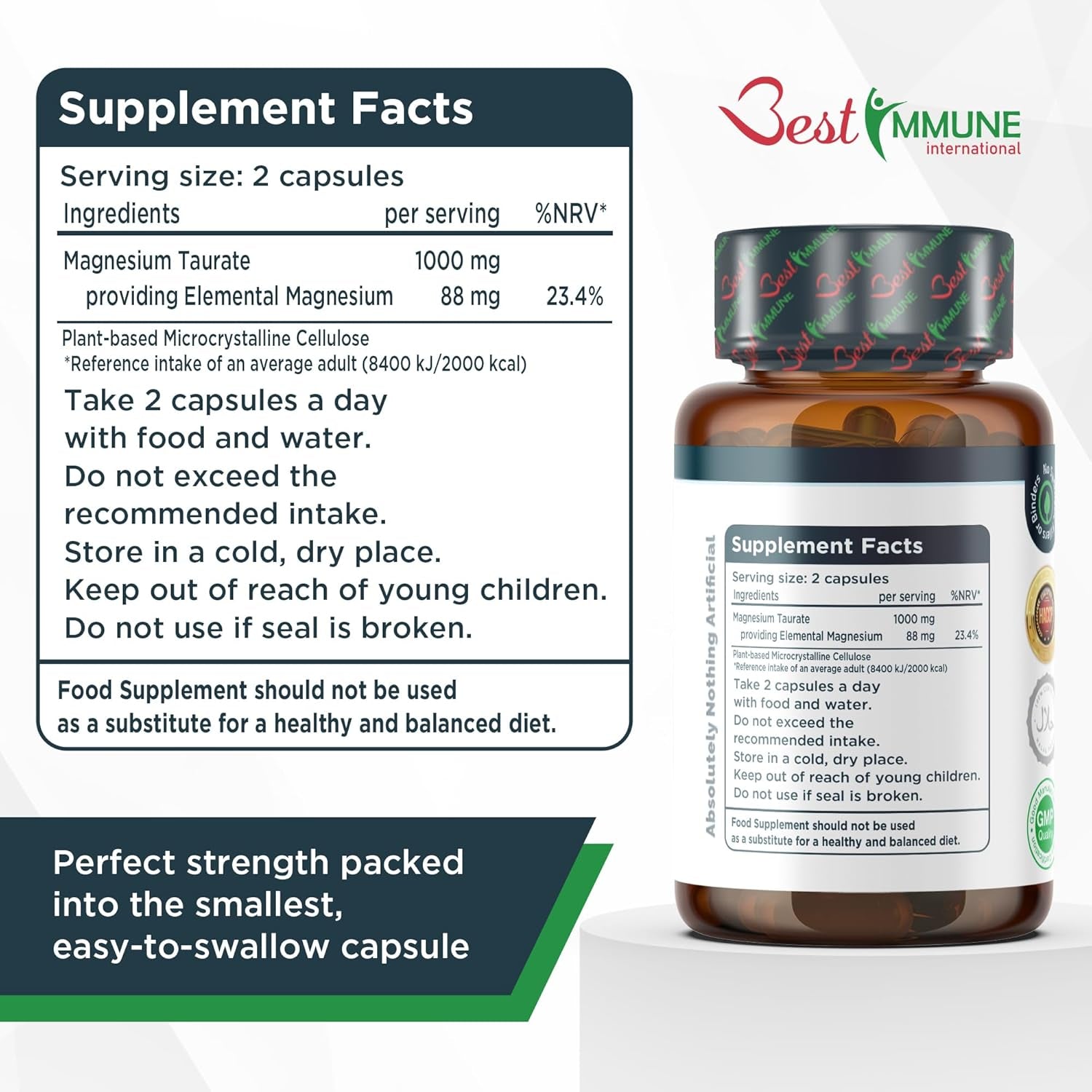 Best Immune, Magnesium Taurate 500Mg Supplement - Strength Balanced Formula for Absorption, Bioavailability, Support Energy & Muscle Function, for Men Women, 500 Mg 100 Capsules, 100 Days Supply