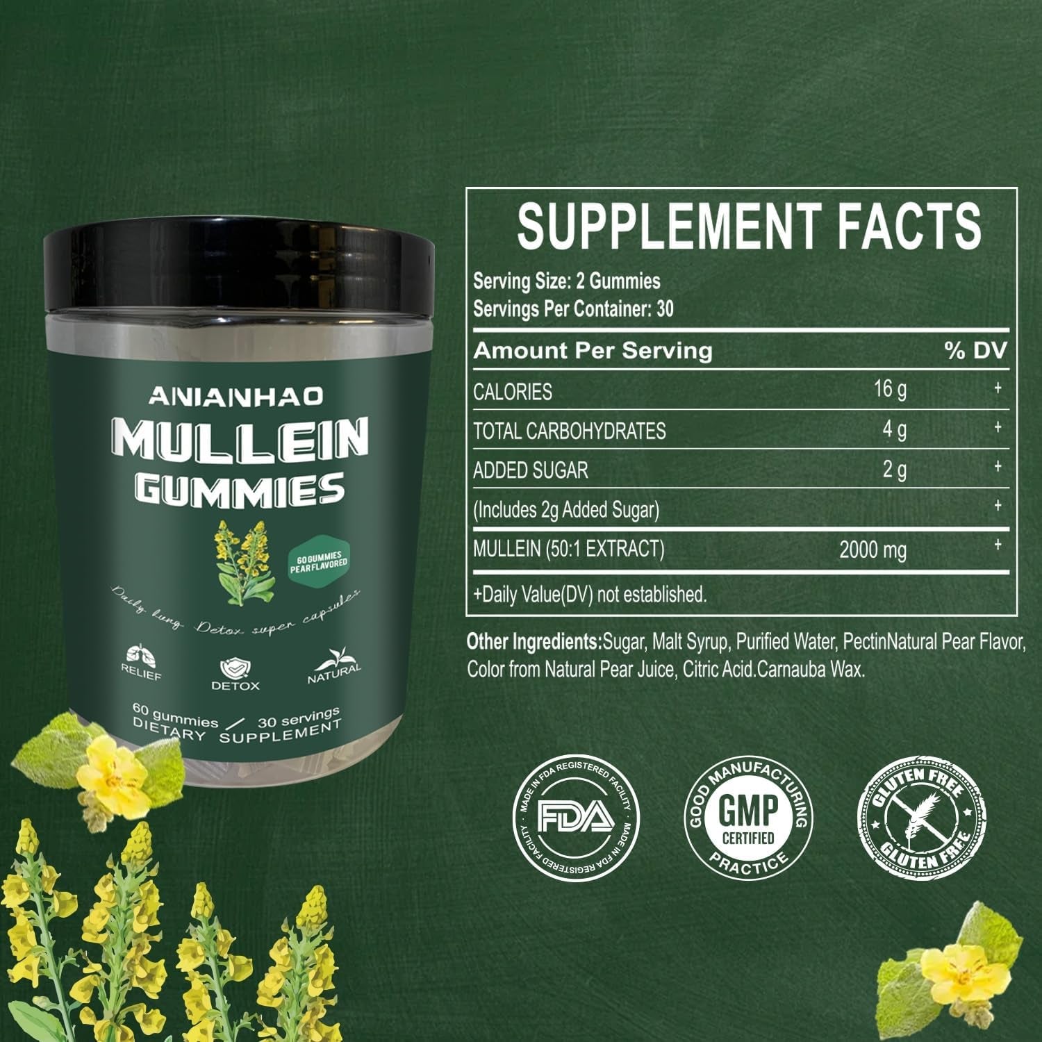 Mullein Gummies - Mullein Leaf Extract for Lungs - Mullein Leaf Gummies 2000Mg for Lung Cleanse Detox Herbal Dietary Supplement- Mucus Remover & Mucus Relief (One Bottle)