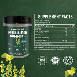 Mullein Gummies - Mullein Leaf Extract for Lungs - Mullein Leaf Gummies 2000Mg for Lung Cleanse Detox Herbal Dietary Supplement- Mucus Remover & Mucus Relief (One Bottle)