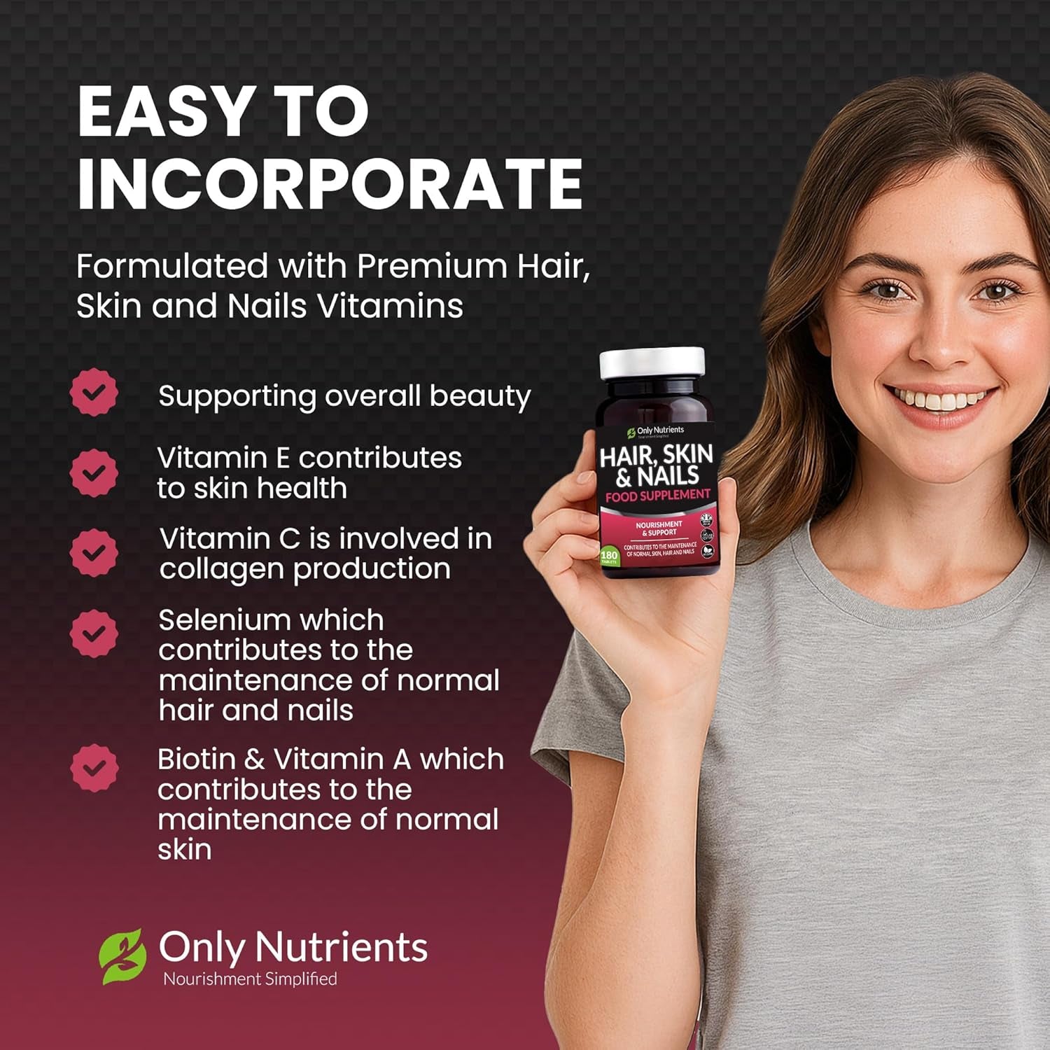 Only Nutrients - Hair Skin and Nails Vitamins, Beauty Supplements with Biotin & Selenium plus Vitamin C, a & E, High-Strength Vegan Supplements for Women/Men, 180 Biotin Tablets