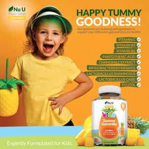 Kids Tummy Gummies - Friendly Probiotics for Children - 120 Vegan Vitamin Gummies - Pineapple Flavour - Lactobacillus and Bifidobacterium & Vitamin B3, B5, B6 & C for Gut Health - Nu U Nutrition