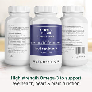 Hey Nutrition Pure Omega-3 Fish Oil 2000Mg with Vitamin E - High EPA + DHA Concentration - Maintains Heart, Joint, Brain & Immunity Support - UK Manufactured - Non-Gmo - 60 Softgels
