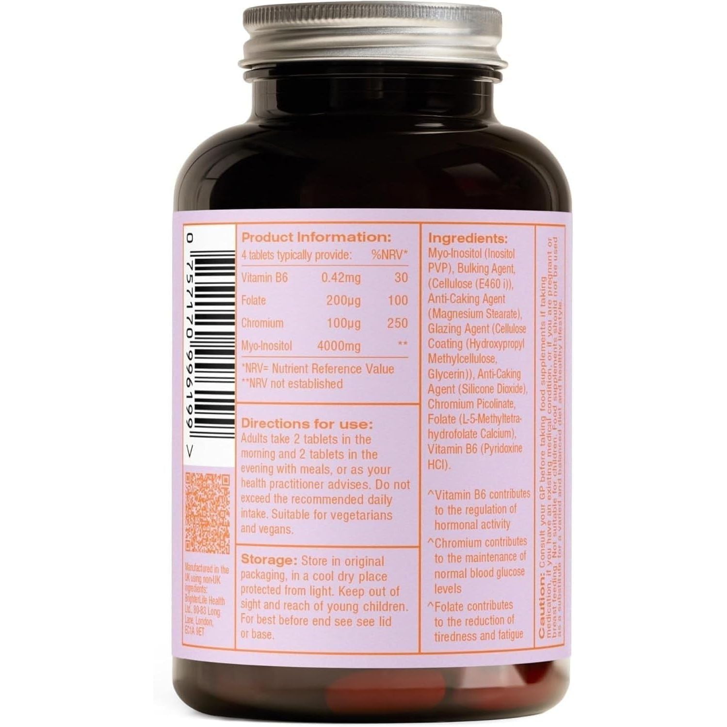Myoplus - Myo-Inositol PCOS Supplement - 4000Mg Myo-Inositol, 200Ug Folate & 100Ug Chromium Daily Intake - Inositol Tablets - 120 Vegan Tablets - UK Manufactured by Myova