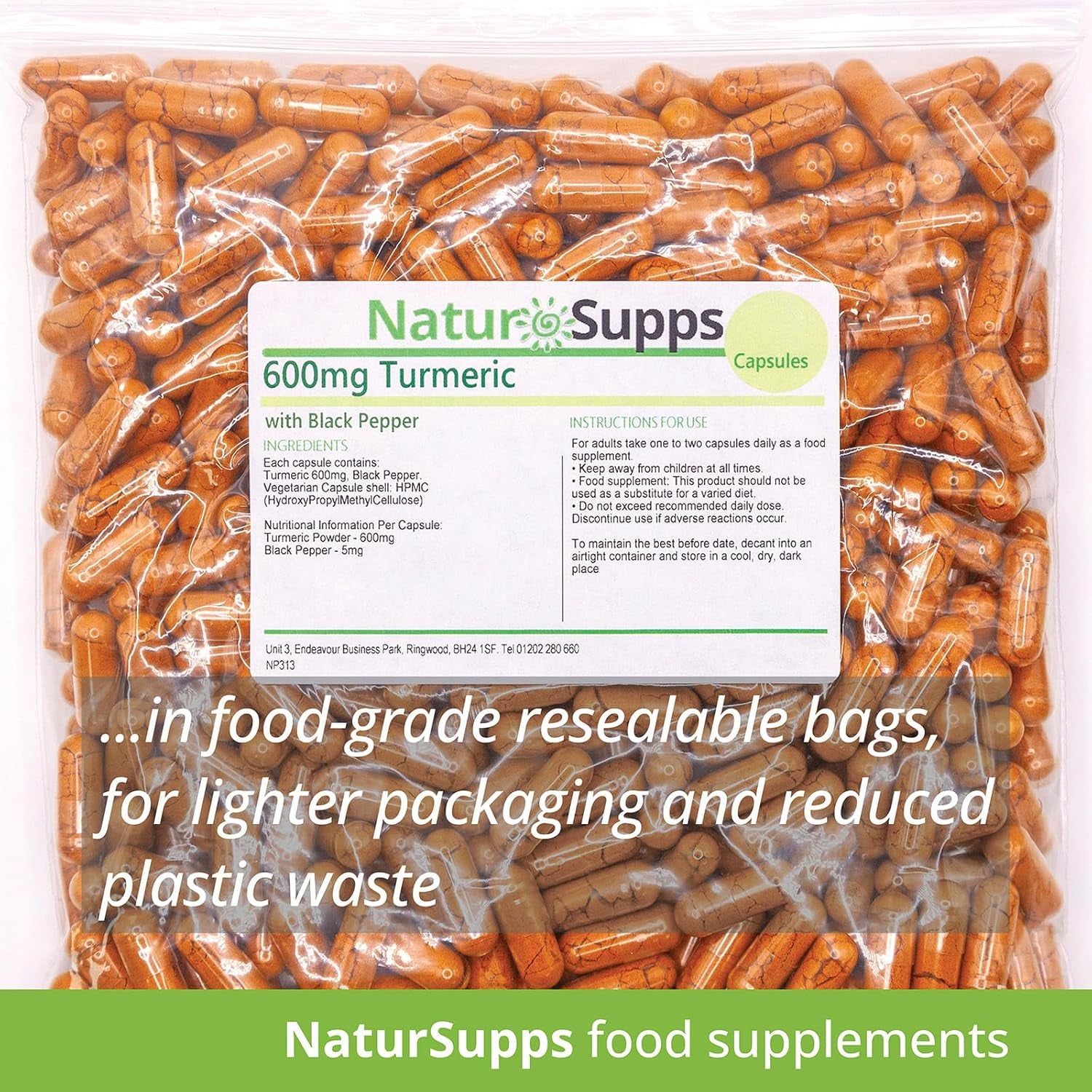 Natur Supps Turmeric and Black Pepper Capsules High Strength 600Mg, Vegan and Vegetarian Turmeric Curcumin Supplement, Pack of 365, Superior Absorption to Tablets