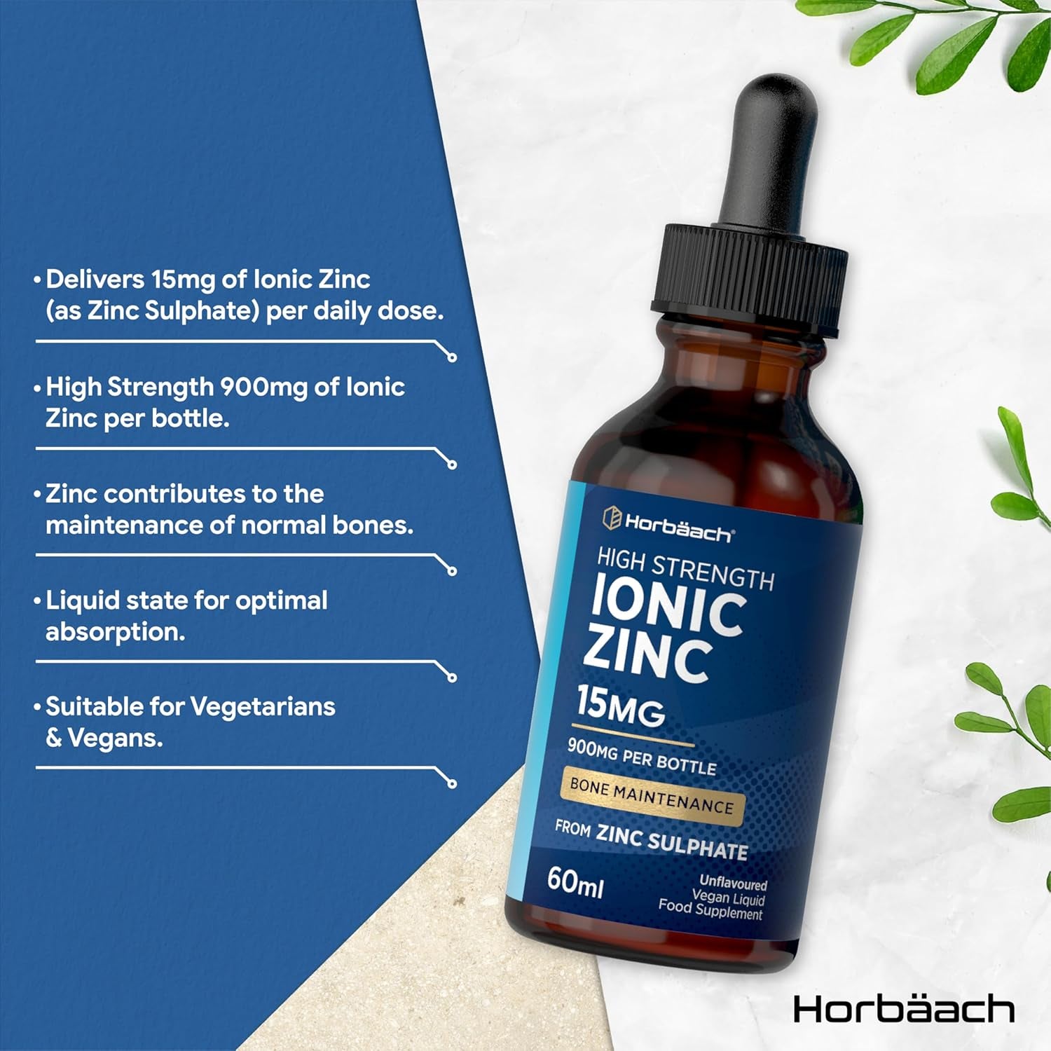 Ionic Zinc Liquid Drops | High Strength 15Mg Supplement from Zinc Sulphate | 900Mg per Bottle - 60Ml Liquid Drops | Suitable for Vegetarians & Vegans | by Horbaach