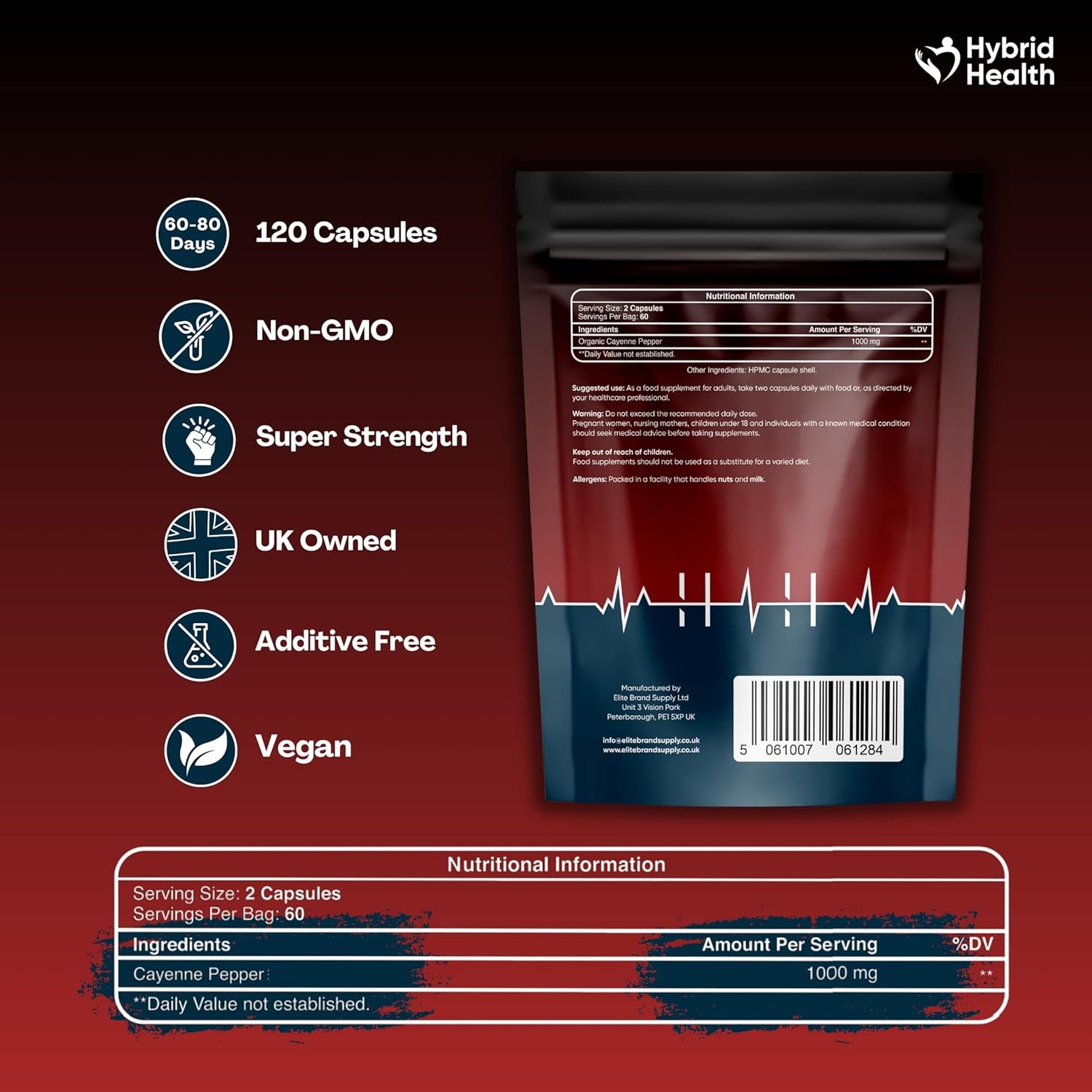Cayenne Pepper Capsules | 120 Capsules | 1000 MG | 100% Natural | Cayenne Pepper Supplement | Vegan Non-Gmo Zero Additives | UK Brand