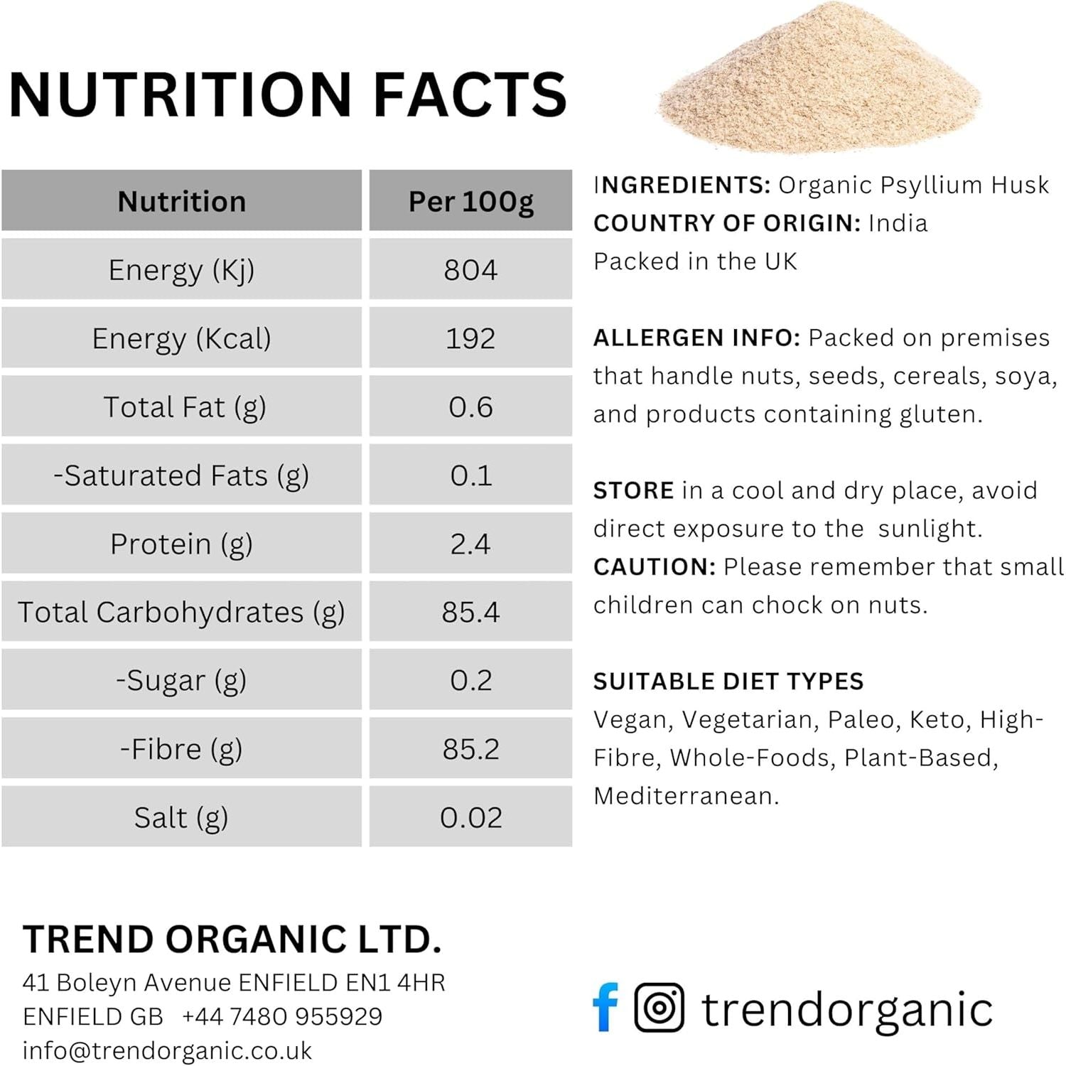 Trend Organic Psyllium Husk Whole, 250G - Soluble Fibre Rich Superfood Ideal for Baking and Cooking | Certified Organic, Vegan, Non-Gmo, No Additives or Preservatives |Raw | Resealable Bag