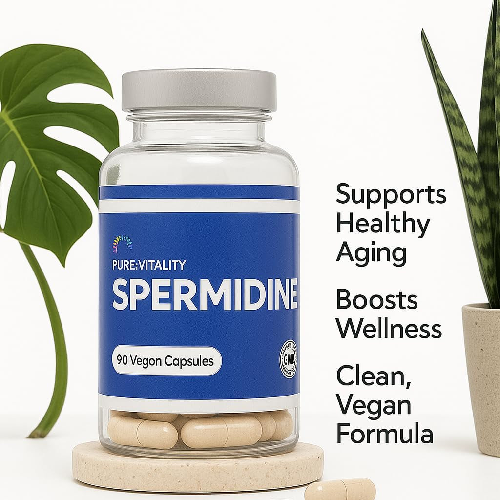 Pure Vitality : Spermidine Trihydrochloride 98% Purity - 90 X 8Mg Vegan Capsules - GMP HACCP Certified - UK Manufacturer - Gluten Free - Lab Tested - Optimal Dosage
