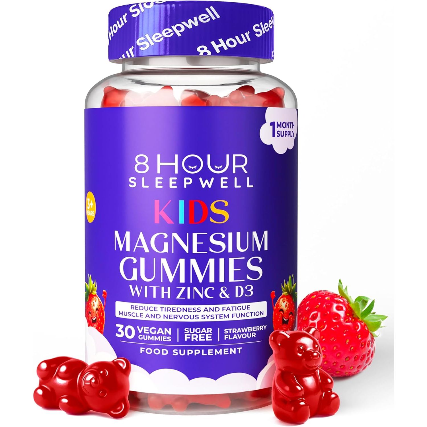 Kids Magnesium Gummies – Chewable, Sugar-Free & Vegan | 1029Mg Magnesium Citrate, Providing 113Mg Magnesiums to Support Calm Mind & Strong Bones for Kids 3+ | 1 Month Supply | Strawberry Flavour