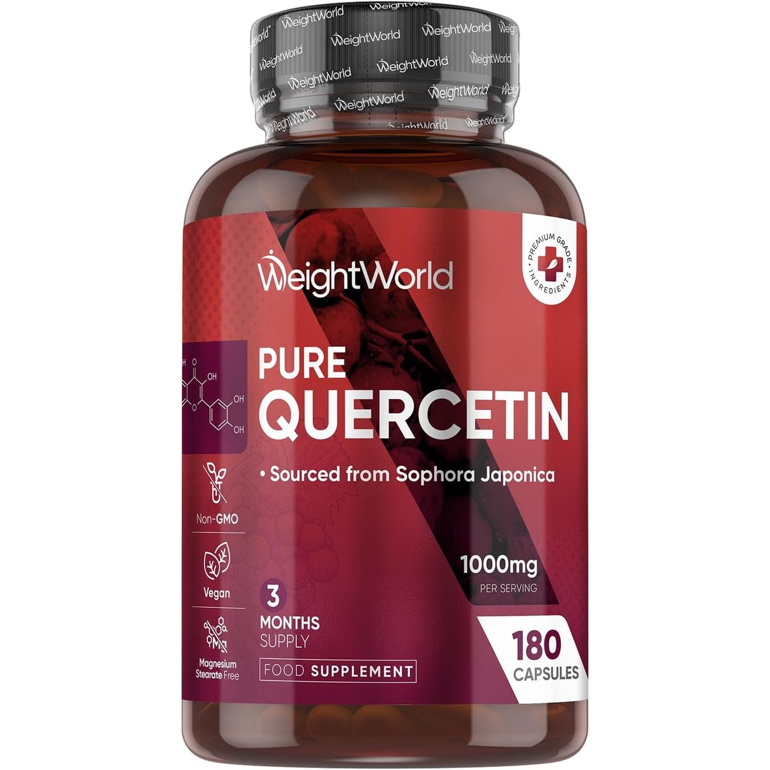 Quercetin Supplement 1000Mg - 180 Quercetin Capsules - 3 Months Supply - Sourced from Sophora Japonica - 2 Capsules per Day - Non-Gmo & Magnesium Stearate-Free - Vegan-Friendly Flavonoids Supplements