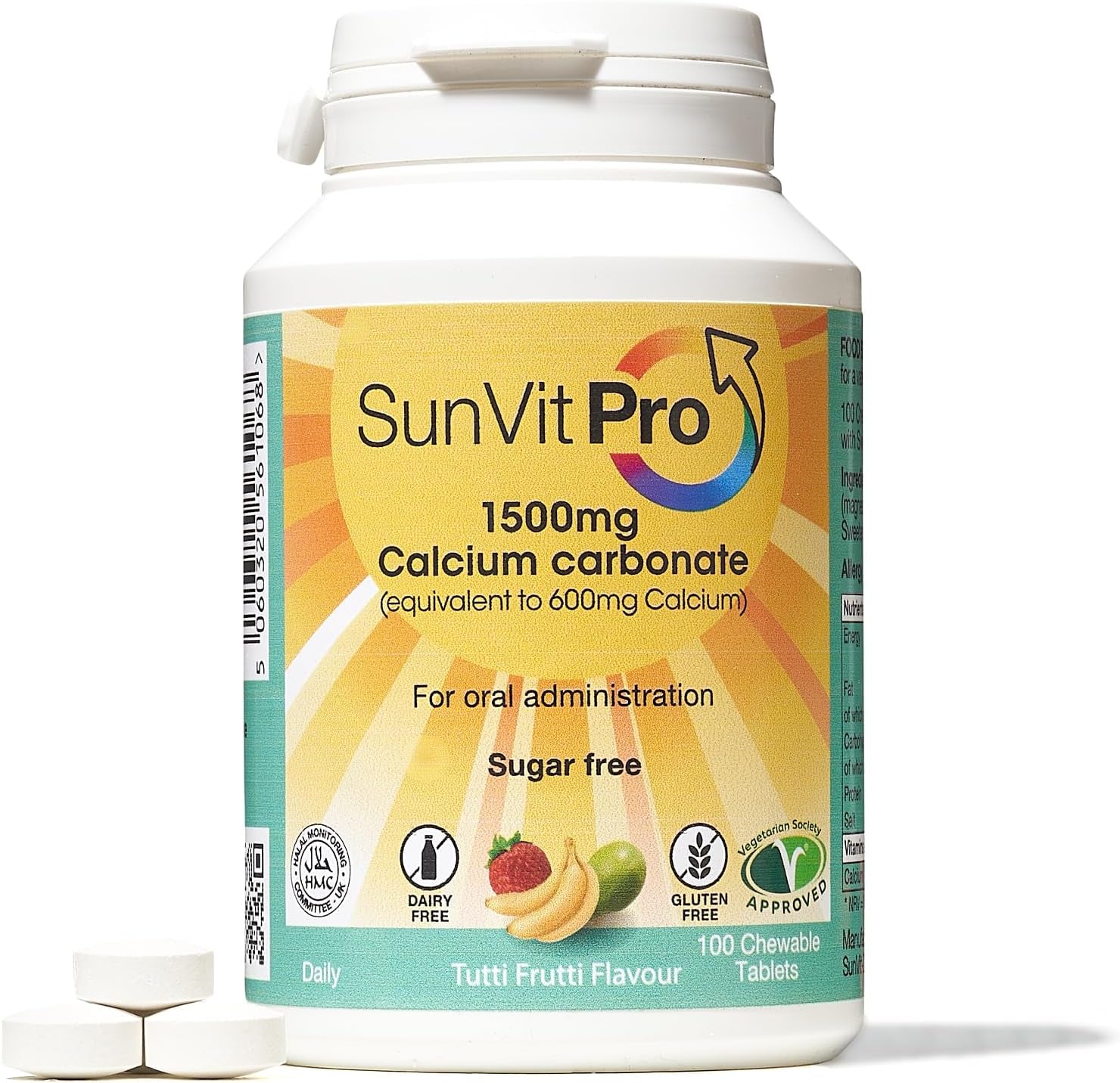 Sunvit-Pro Calcium Carbonate Tablets 600Mg Tutti Frutti Flavor - Calcium Supplements for Women & Men Supports Heart, Bones, Joint & Digestive Health - Gluten Free 100 Chewable Tablets
