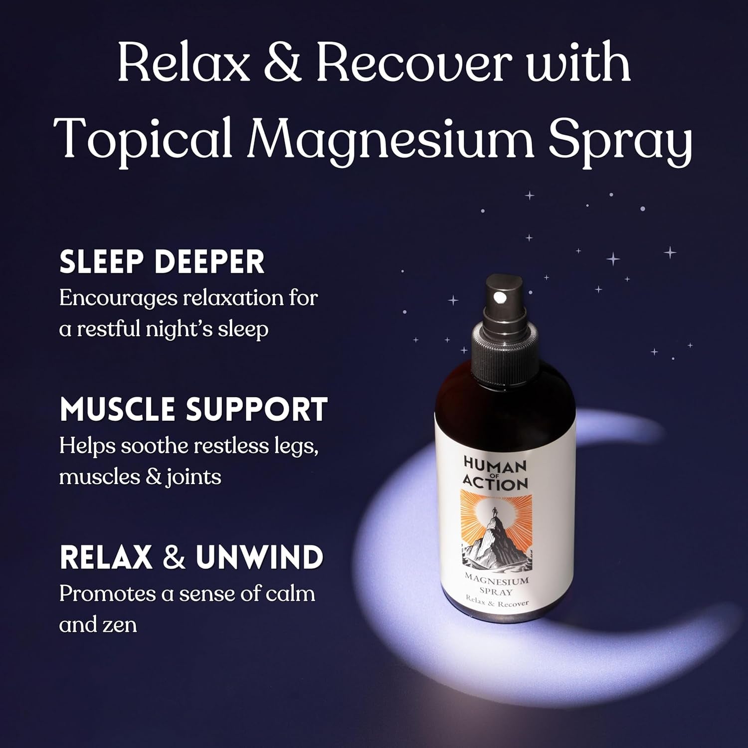 Human of Action Magnesium Oil Spray 250Ml | for Sleep, Restless Legs & Muscle Pain | Pure Zechstein Magnesium Chloride with Aloe Vera, Lavender & Chamomile | Gentle, Non-Greasy | Made in Britain