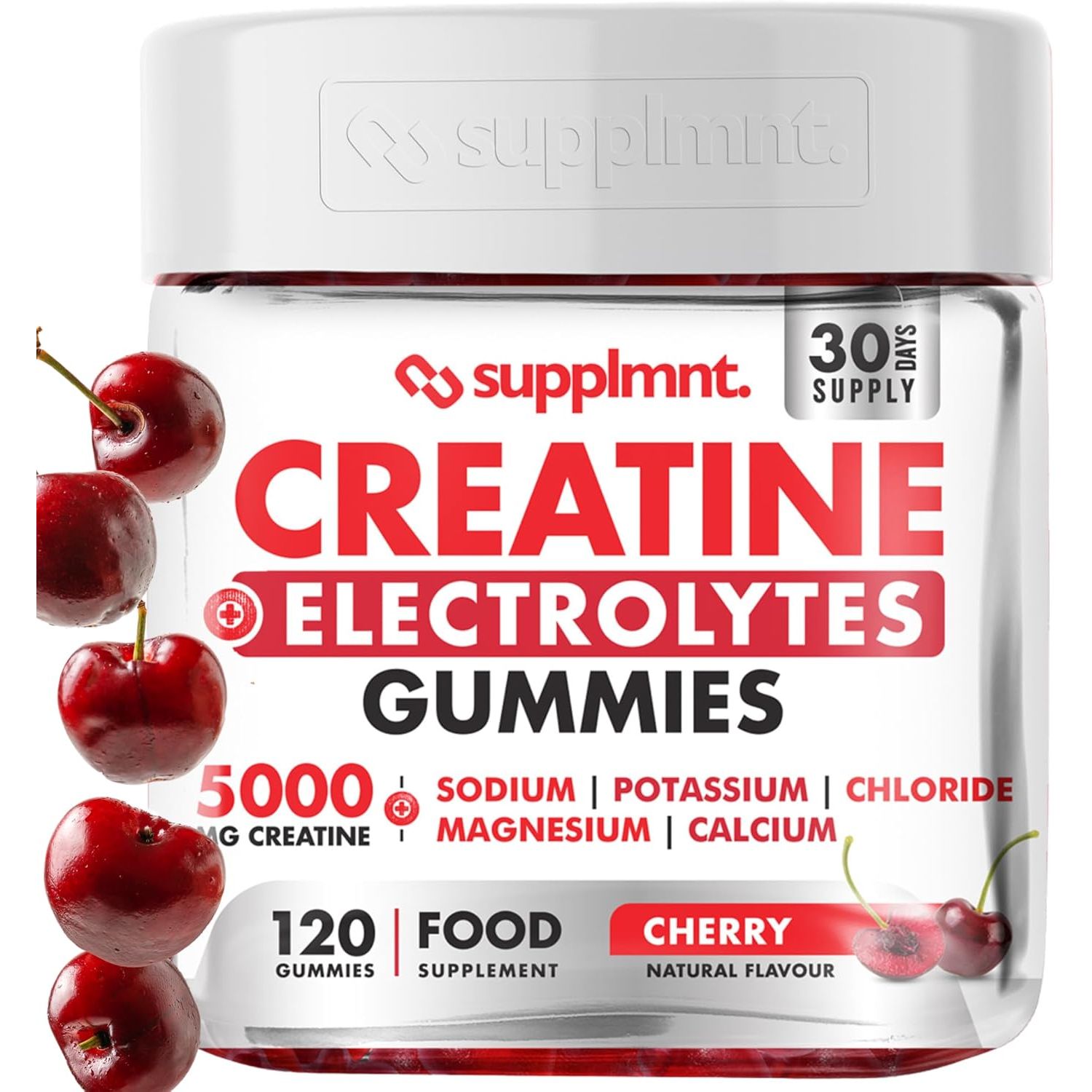 Supplmnt. Creatine Gummies with Electrolytes, 5000Mg Creatine Monohydrate, Cherry Flavour, 120 Gummies, Vegan, Gluten-Free, Non-Gmo, Food Supplement, 30-Day Supply