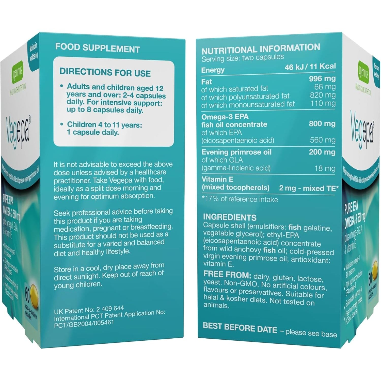 Vegepa, EPA Omega 3 & GLA Omega 6, Ultra Pure Wild Fish Oil & Evening Primrose Oil, 60, 560Mg EPA per Serving, 30 Servings, 60 Capsules, by Igennus