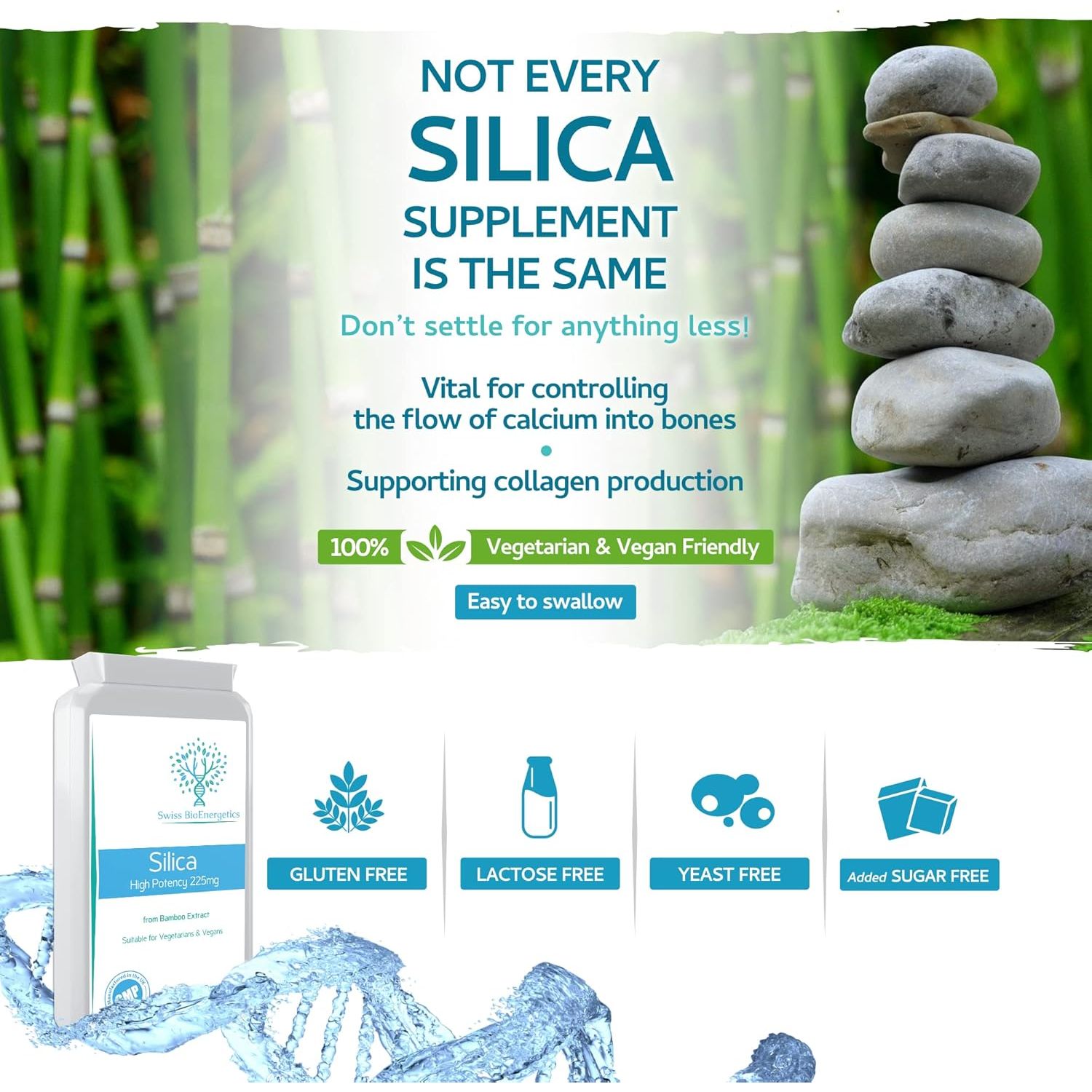 Silica 225Mg - a Potent Highly Bioavailable Form - Naturally Sourced from Bamboo Extract - 90 One-A-Day Vegan Capsules – Exclusively Manufactured in the UK