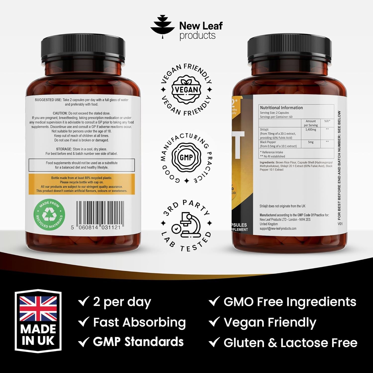 Shilajit Capsules 1400Mg 60% Fulvic Acid - High Strength Himilayan Shilajit, 2 Months Supply Shalajit Resin - Made in the UK Supplement by New Leaf 120 Capsules